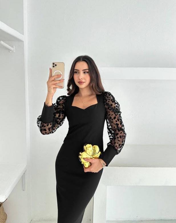 Puantiye Tül Kollu Midi Elbise - siyah