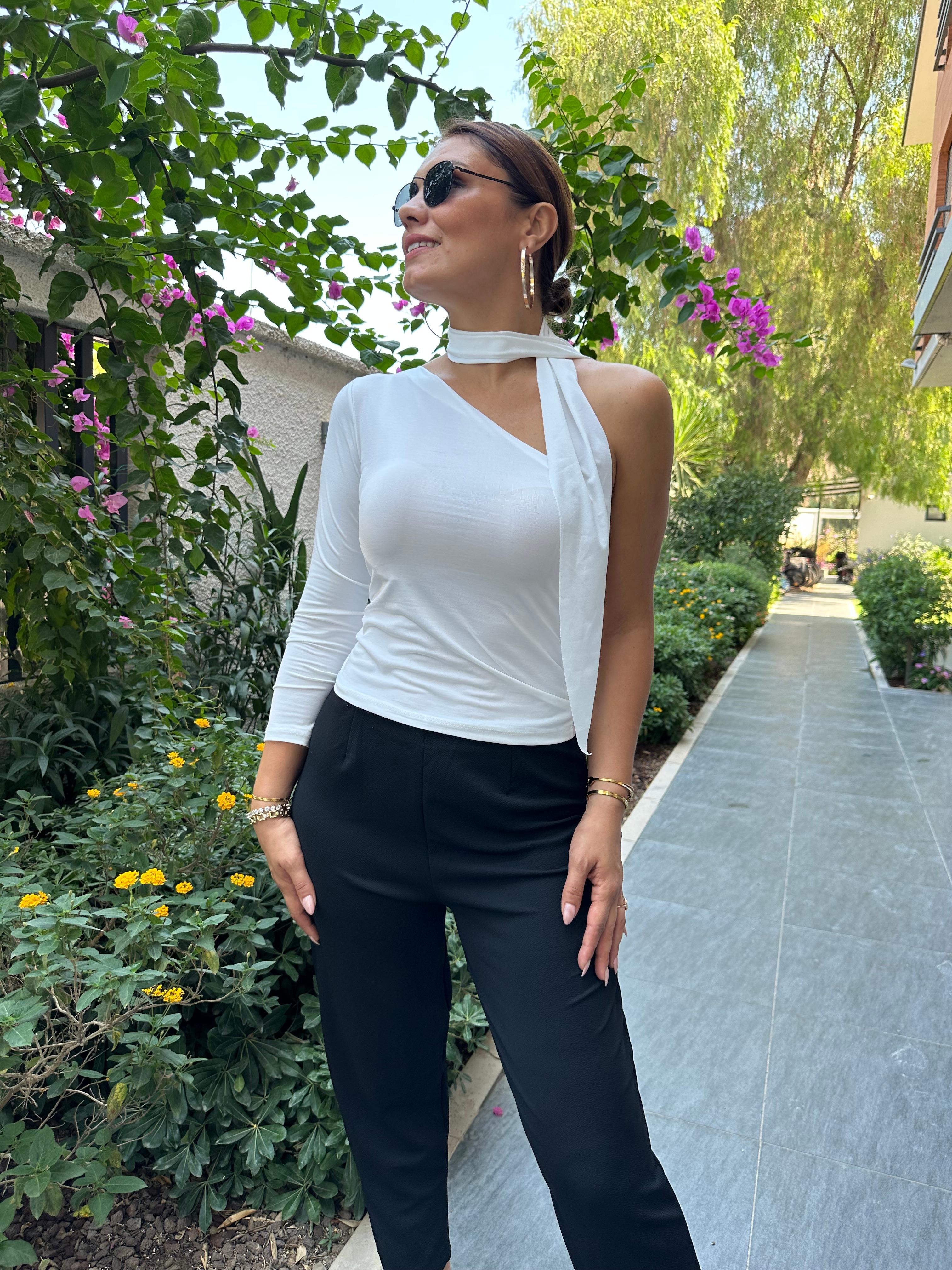 Fularlı Tek Omuz Sandy Bluz - ekru