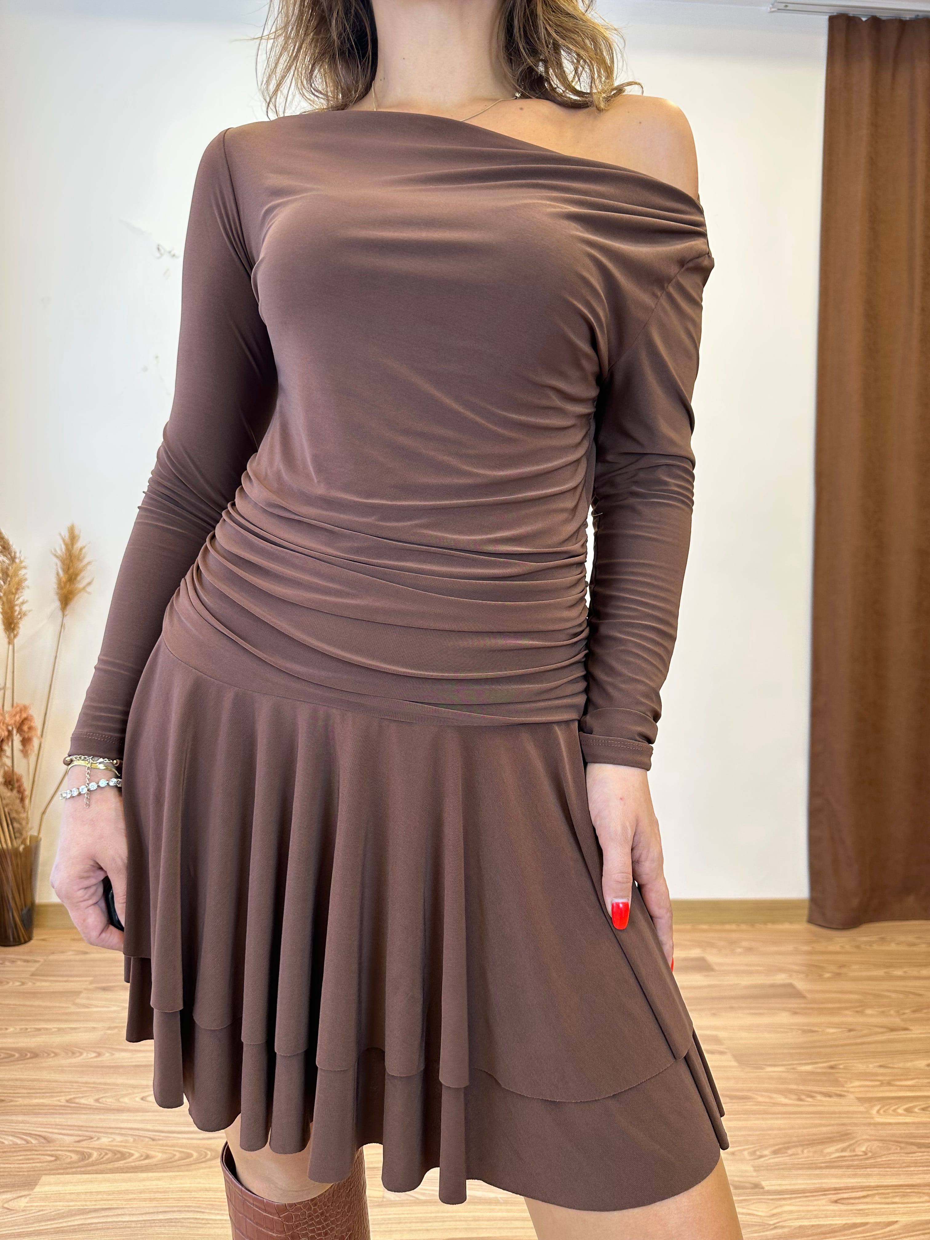 Kahverengi Drapeli Sandy Mini Elbise
