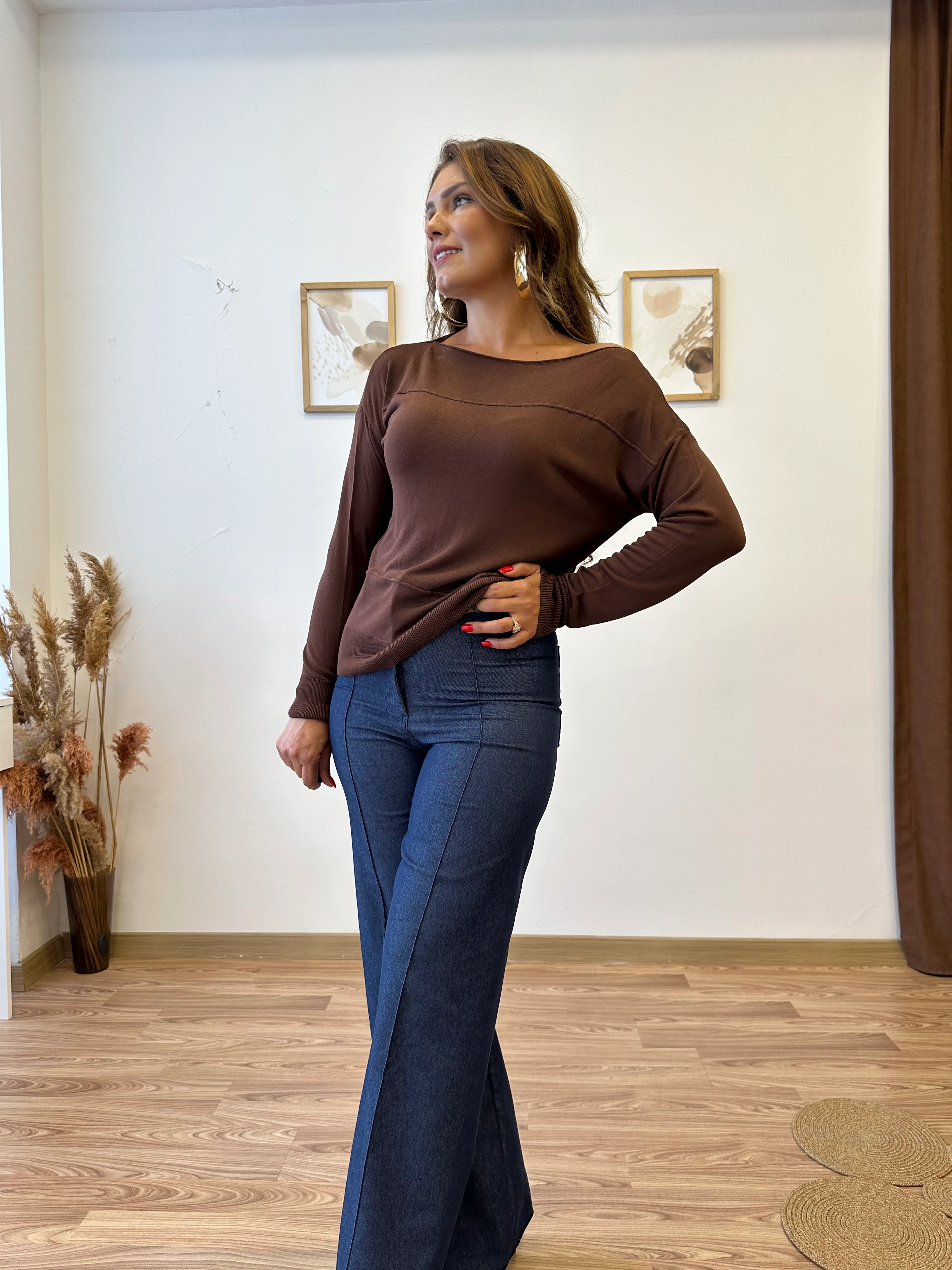 Düşük Omuz İnce Triko Bluz