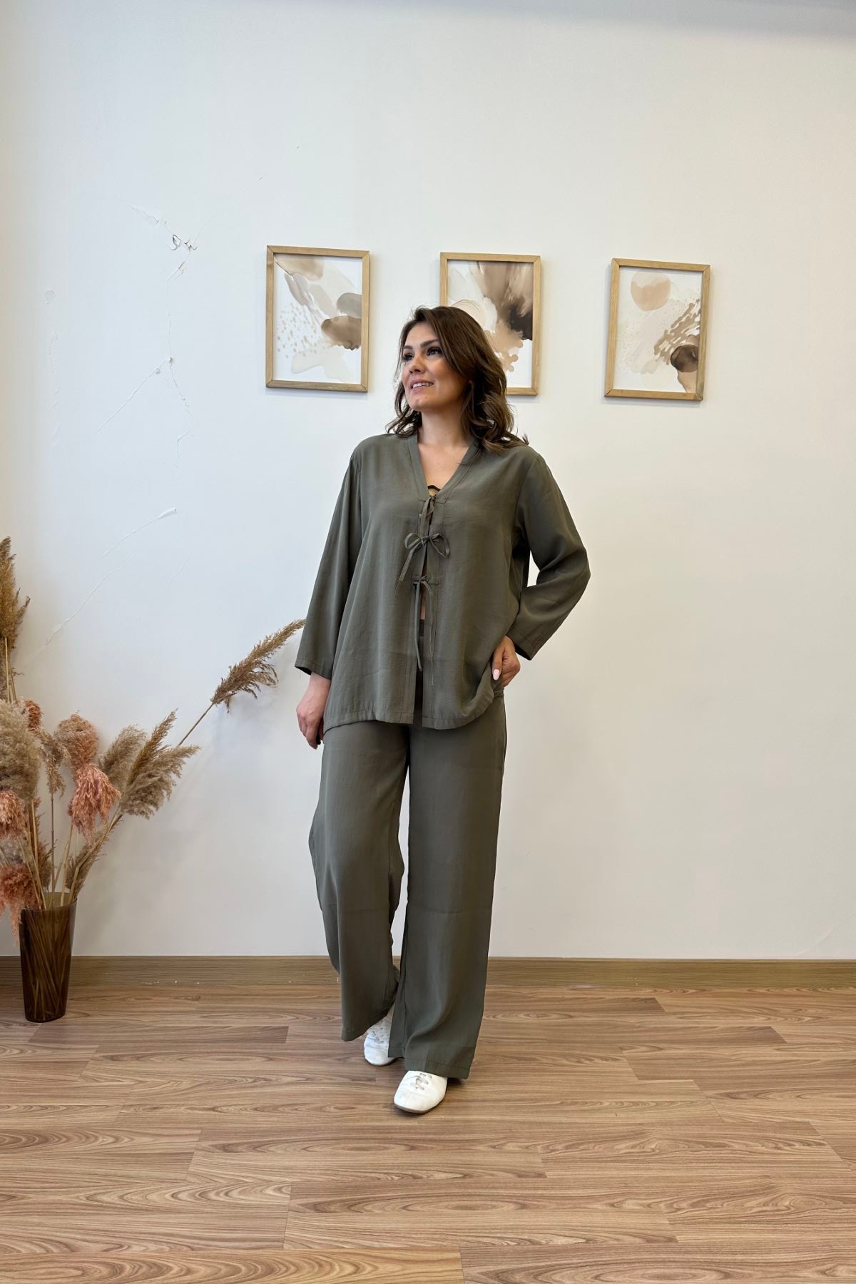 Bağlamalı Modal Kumaş İkili Takım - haki
