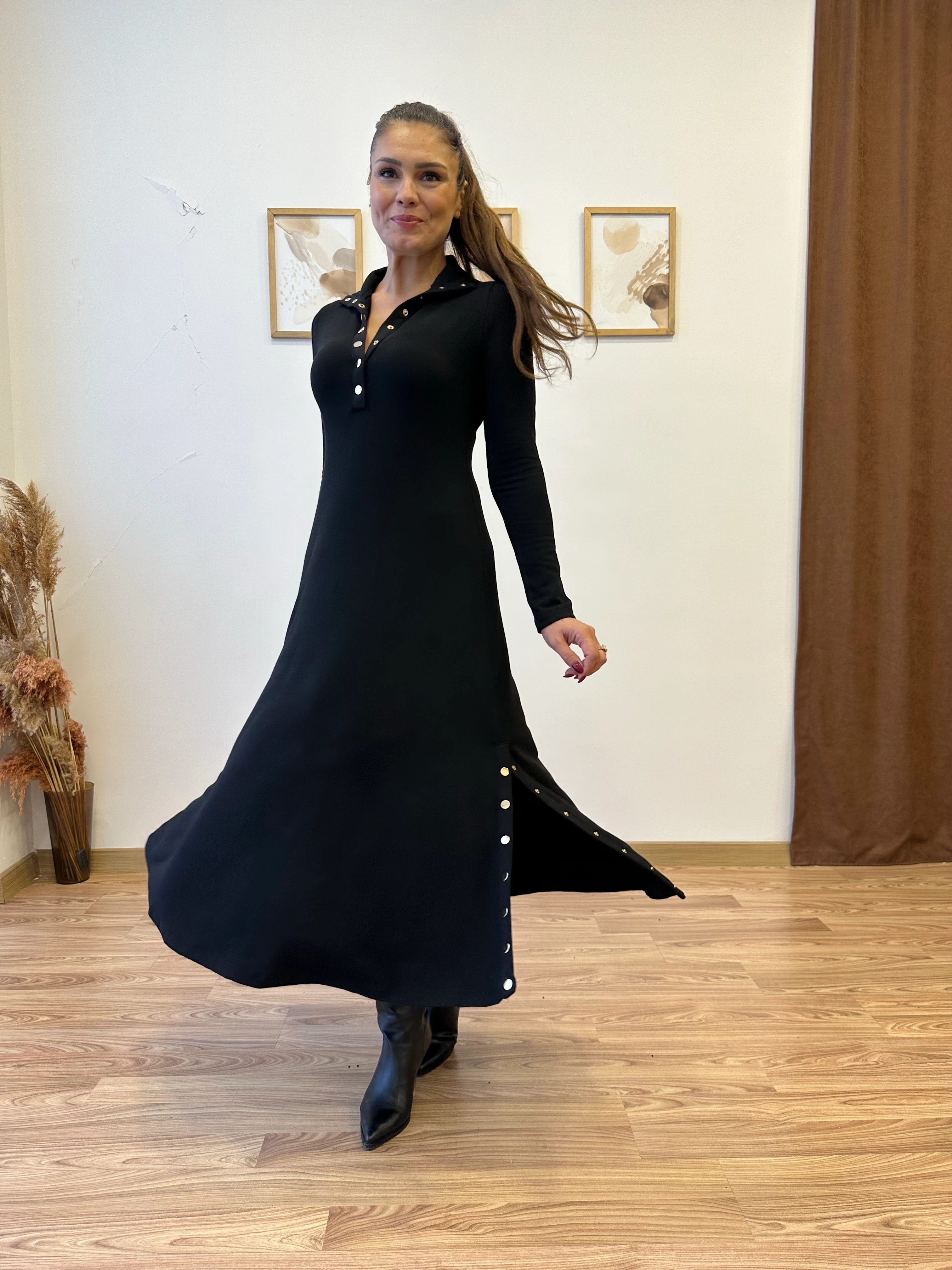 Çıtçıt Detaylı Uzun Triko Elbise - siyah