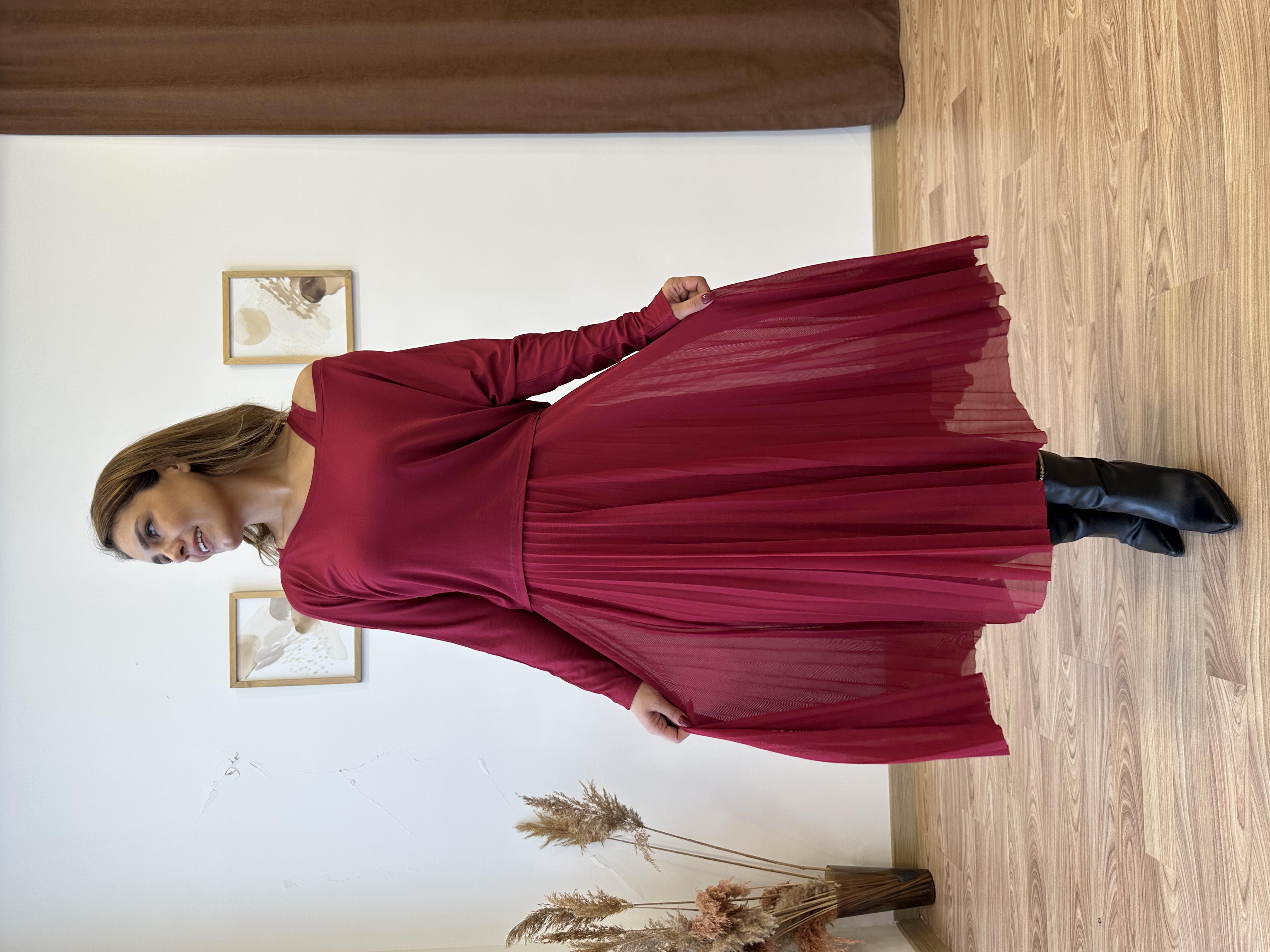 Piliseli İkili Elbise - kırmızı(bordo)