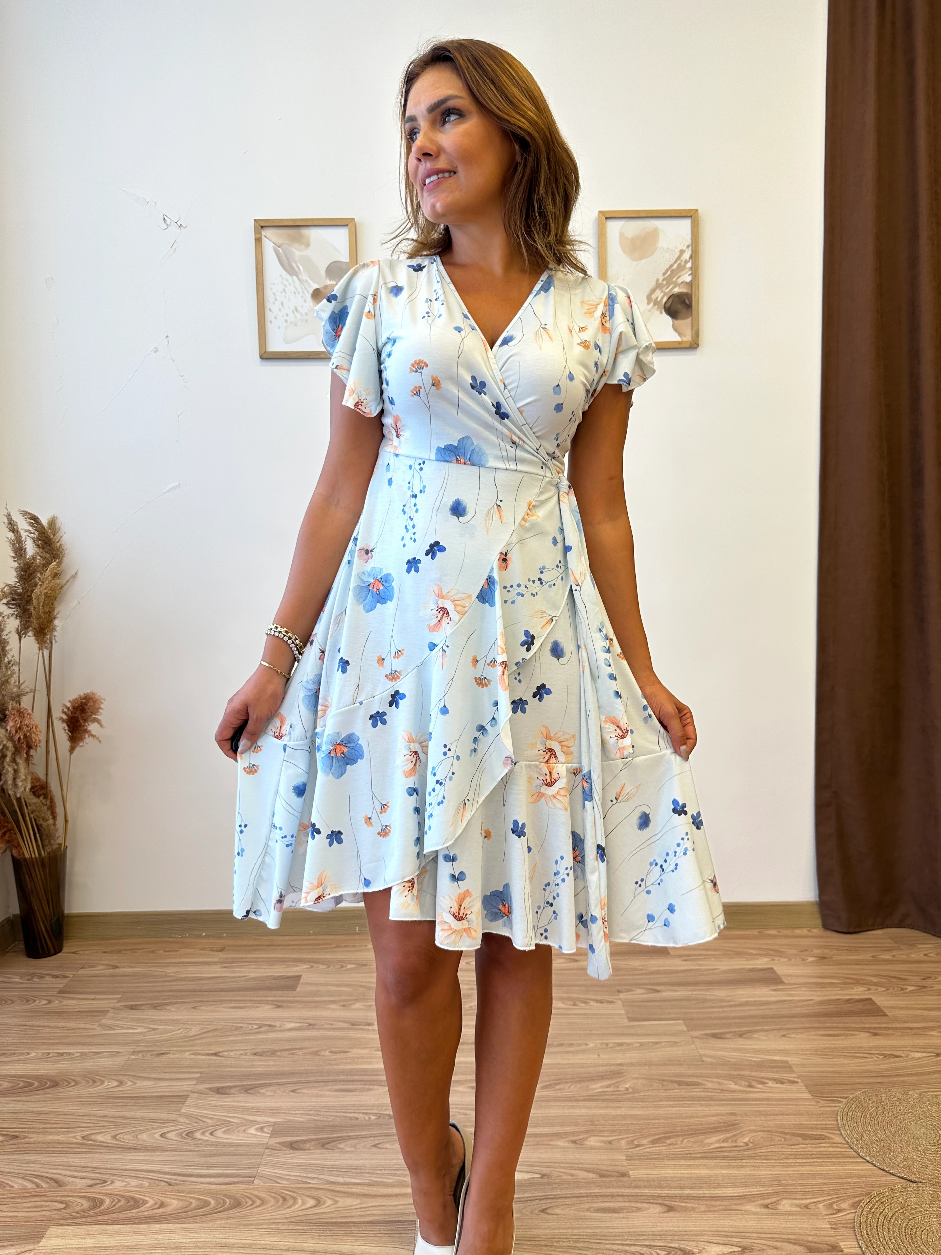 Kruvaze Kapamalı Fırfırlı Midi Süprem Elbise