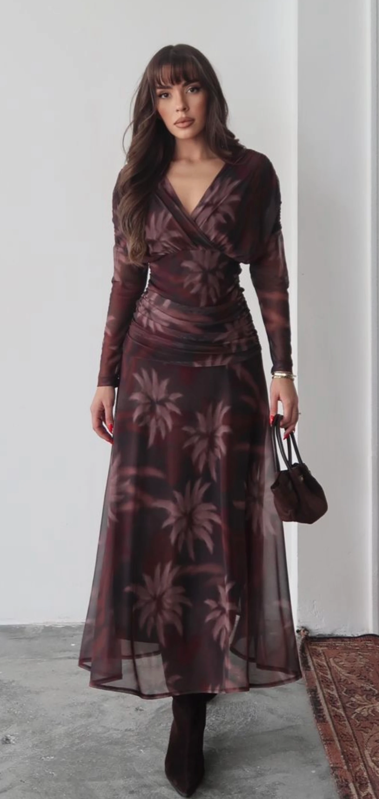 Desenli Tül Drapeli Kloş Elbise - bordo