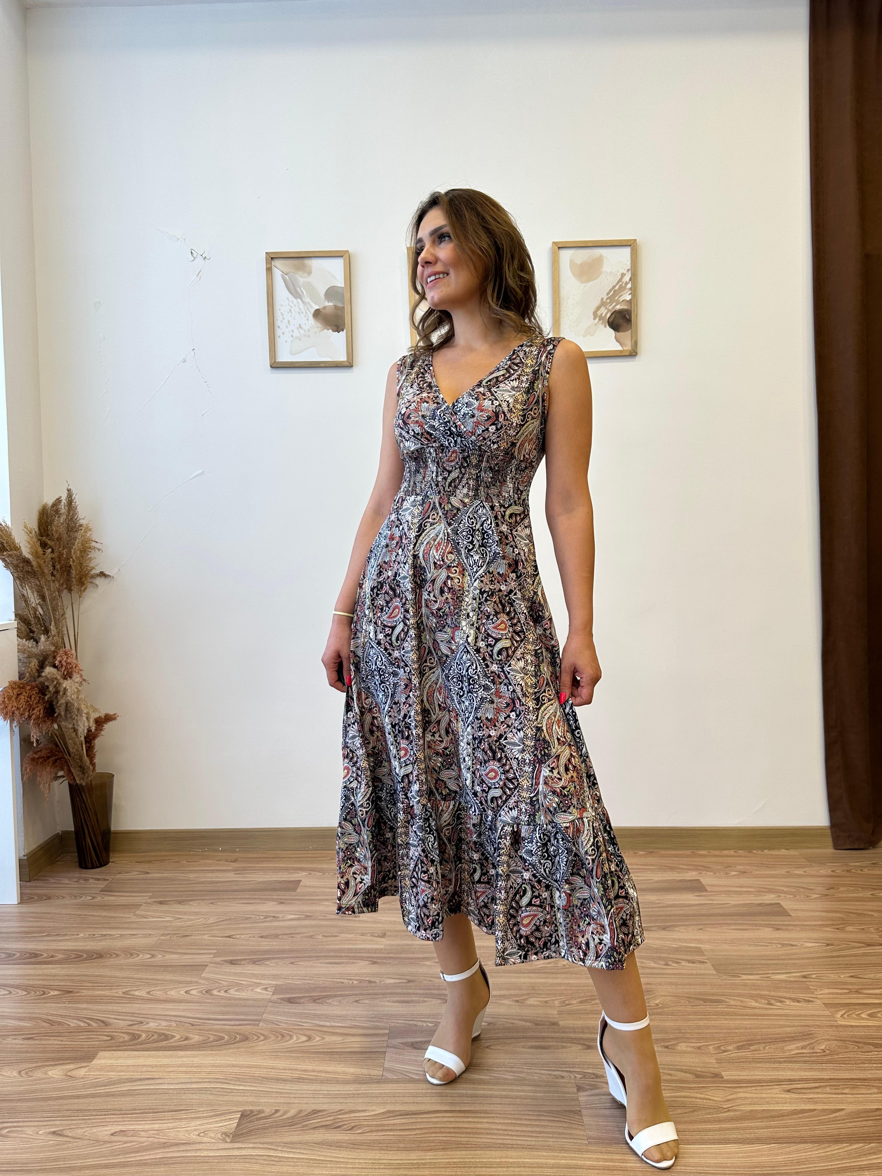 Beli Gipeli Etnik Desen Sıfır Kol Elbise