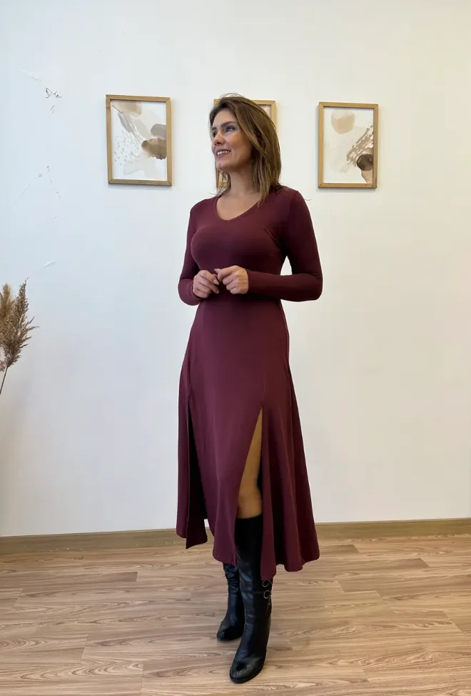 Çift Yırtmaçlı Midi Elbise, Bordo