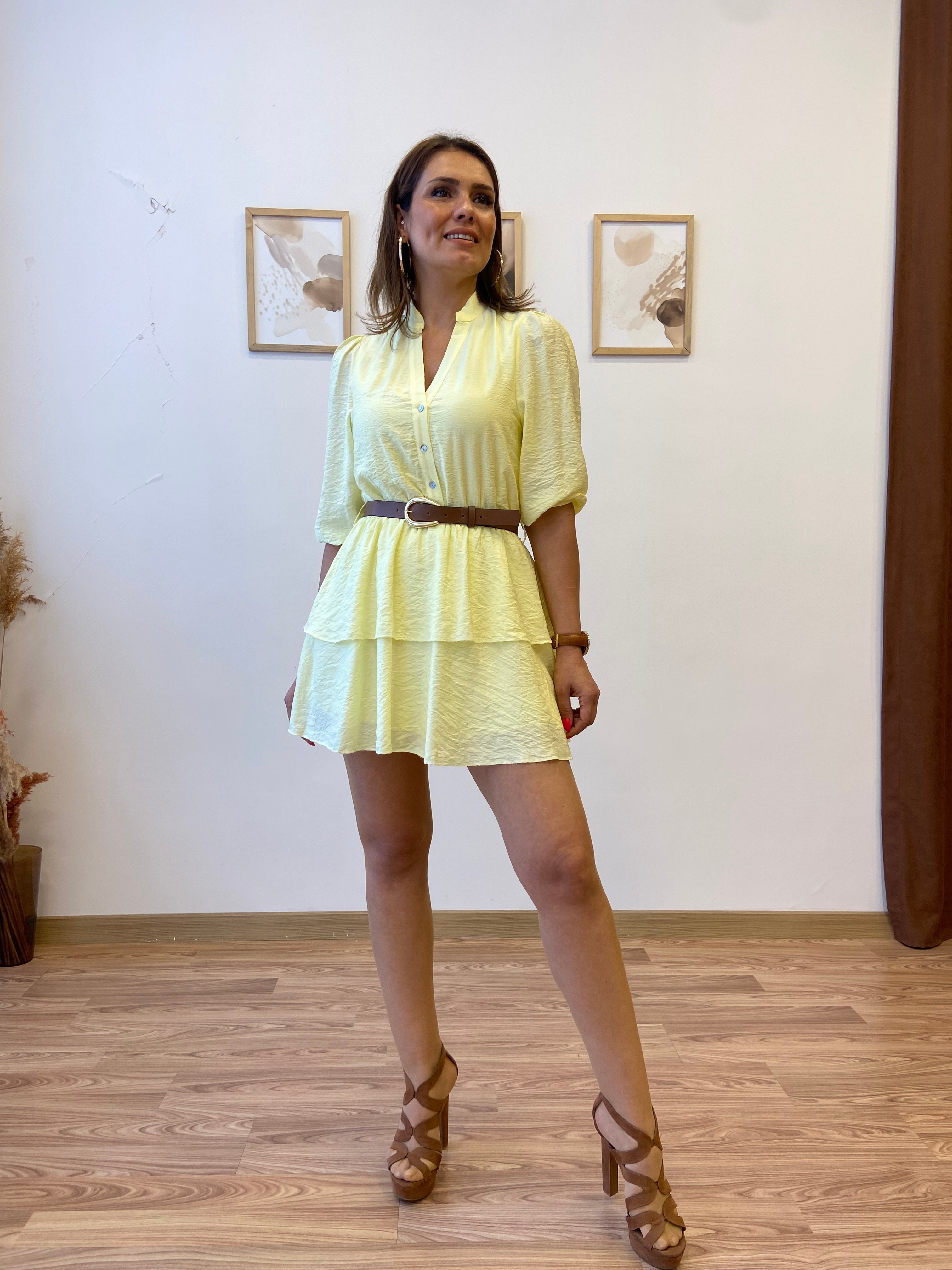 Kemerli Katlı Gömlek Elbise - sarı