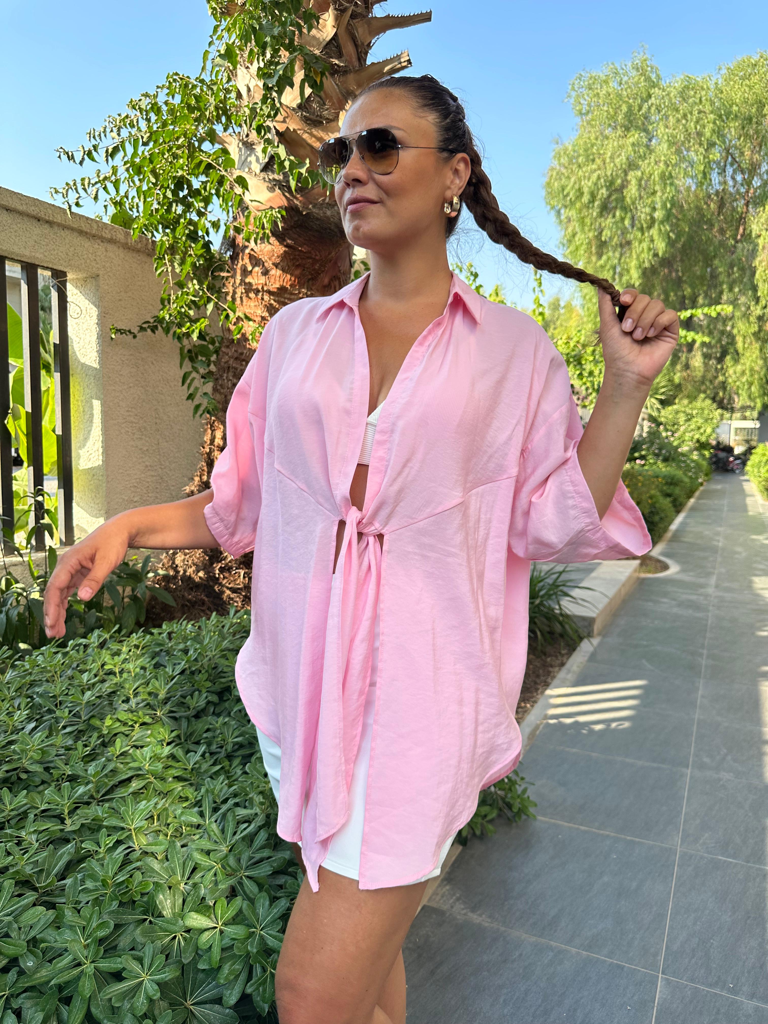 Modal Kumaş Kimono Bağlamalı Gömlek - pembe