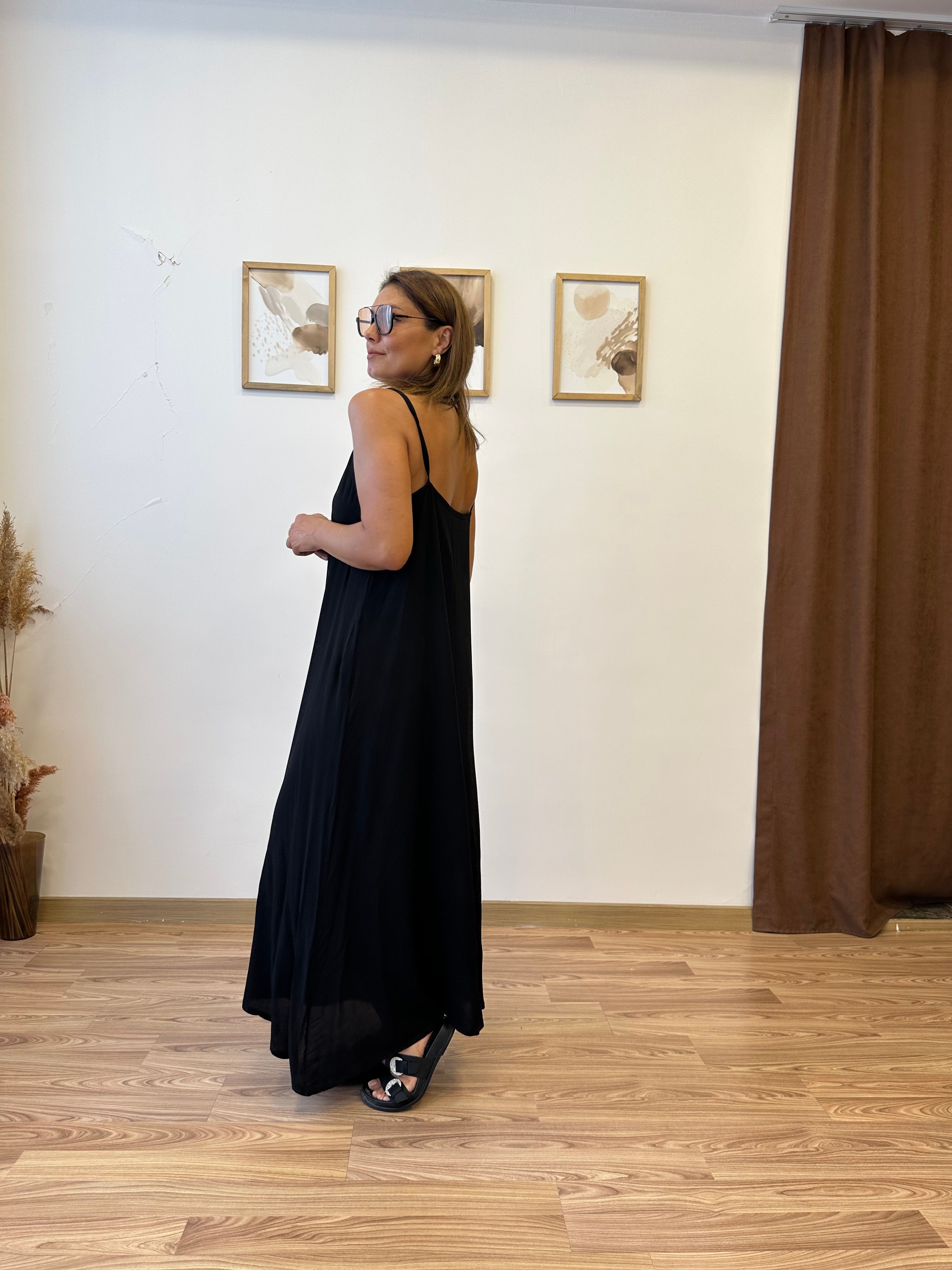 İp Askılı V Yaka Uzun Ayrobin Elbise