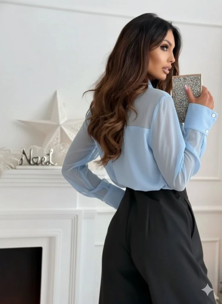 Tül Detaylı Mavi Gömlek