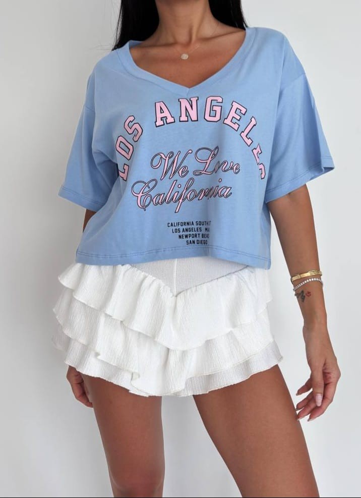 V Yaka Yazı Baskılı Crop Tshirt - mavi