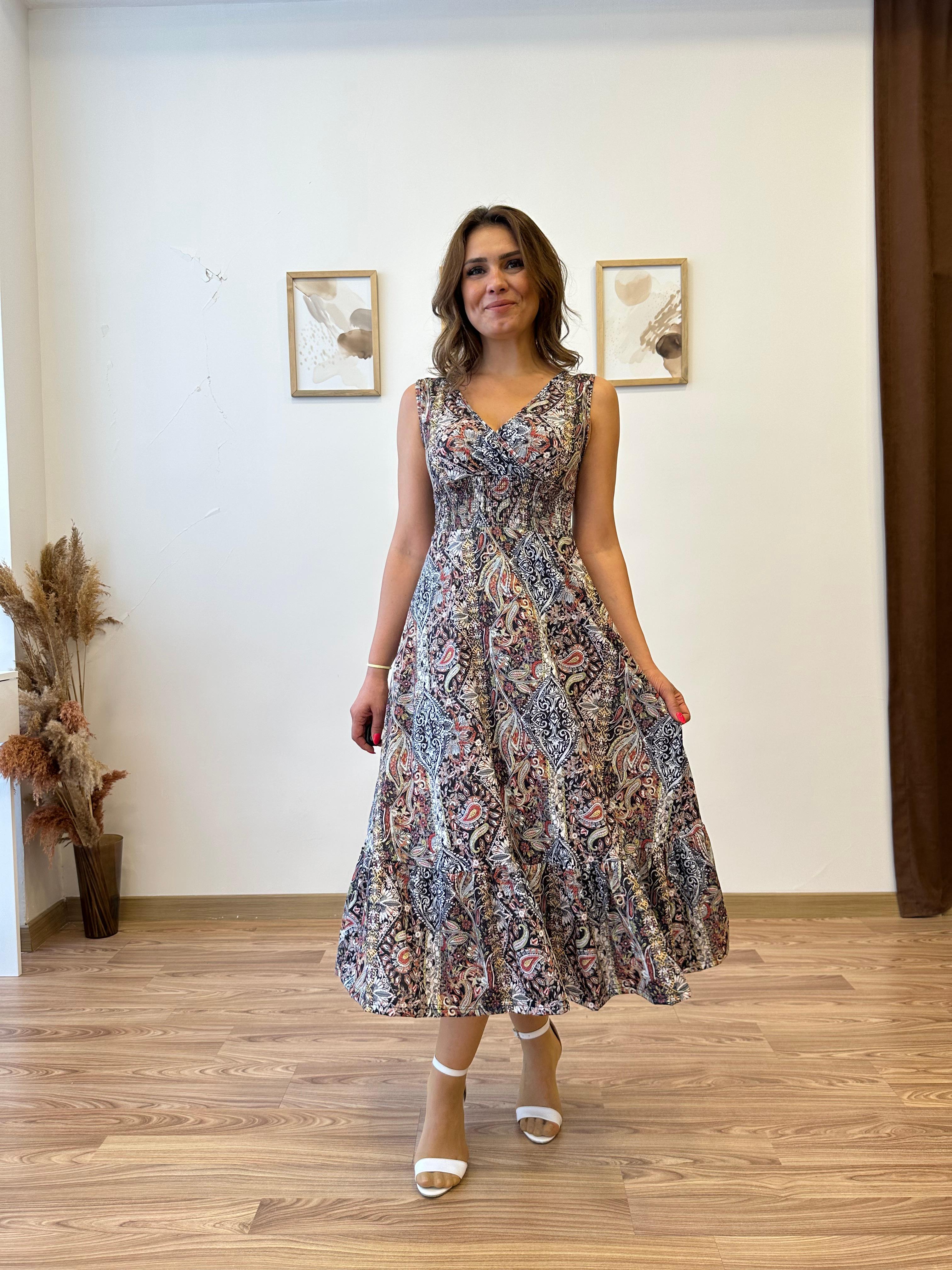 Beli Gipeli Etnik Desen Sıfır Kol Elbise