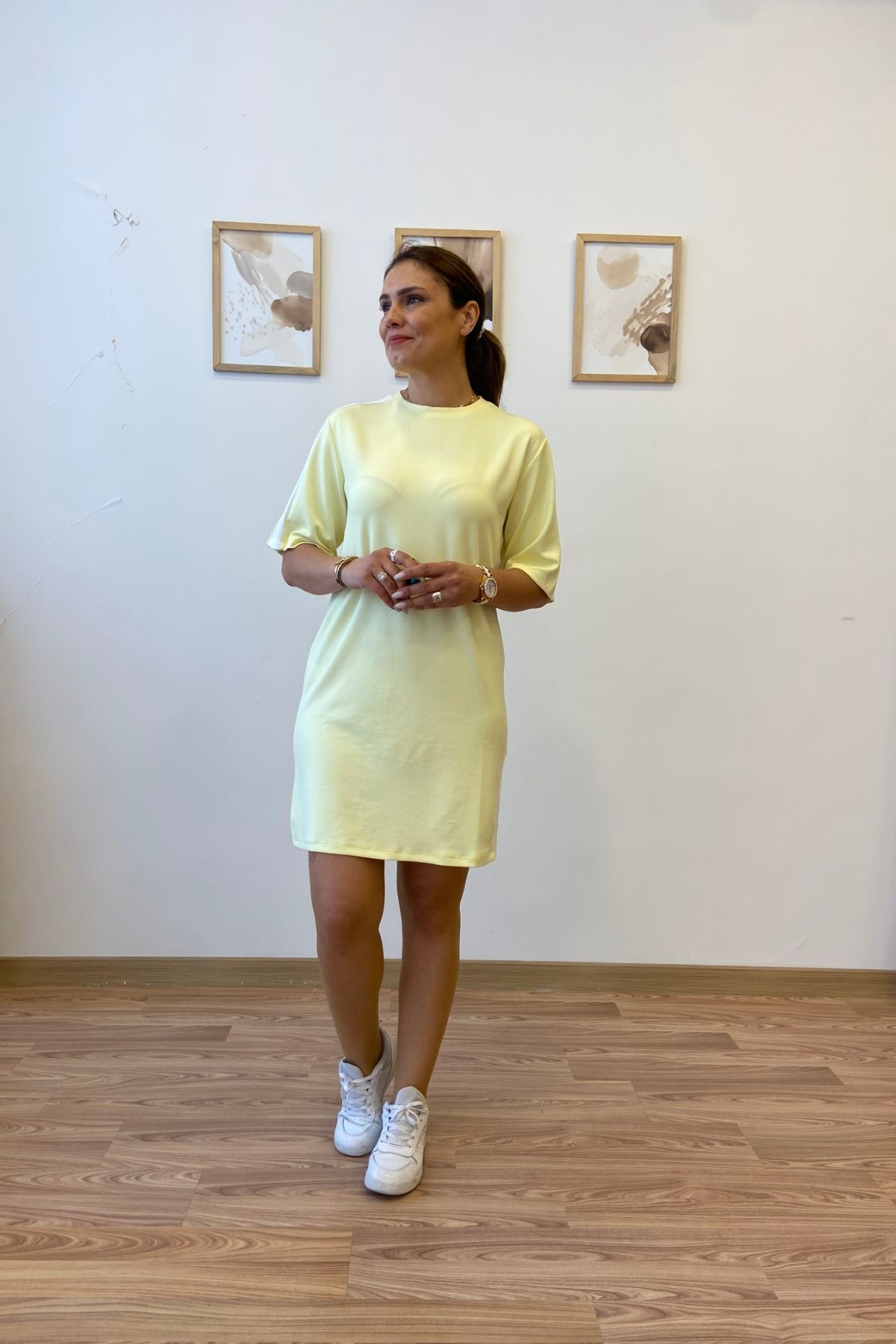 Şeritli Modal Kumaş Tshirt Elbise - sarı