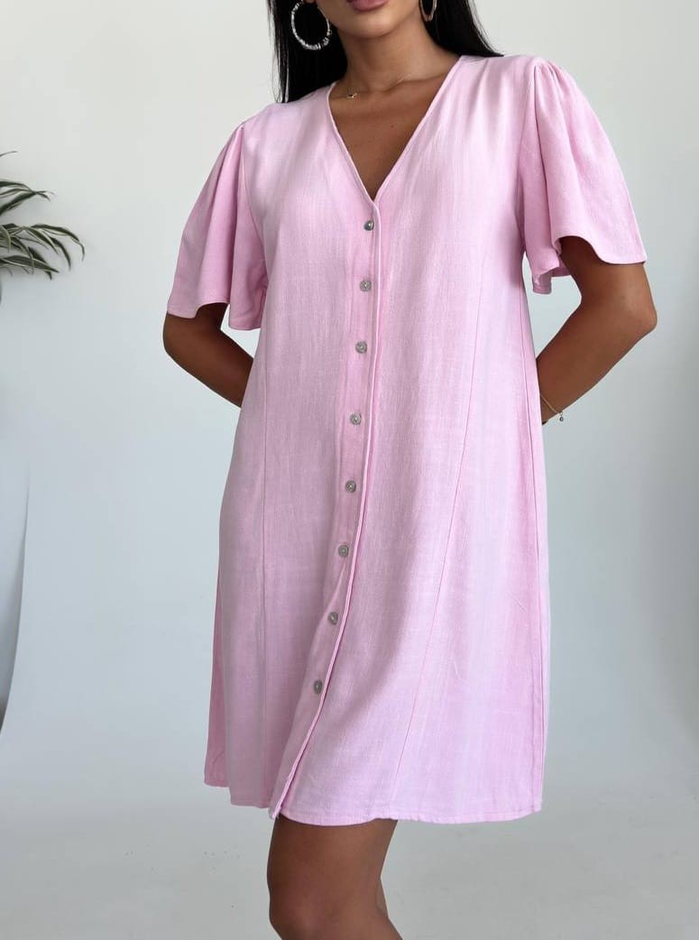 Düğmeli Keten Mini Elbise - pembe