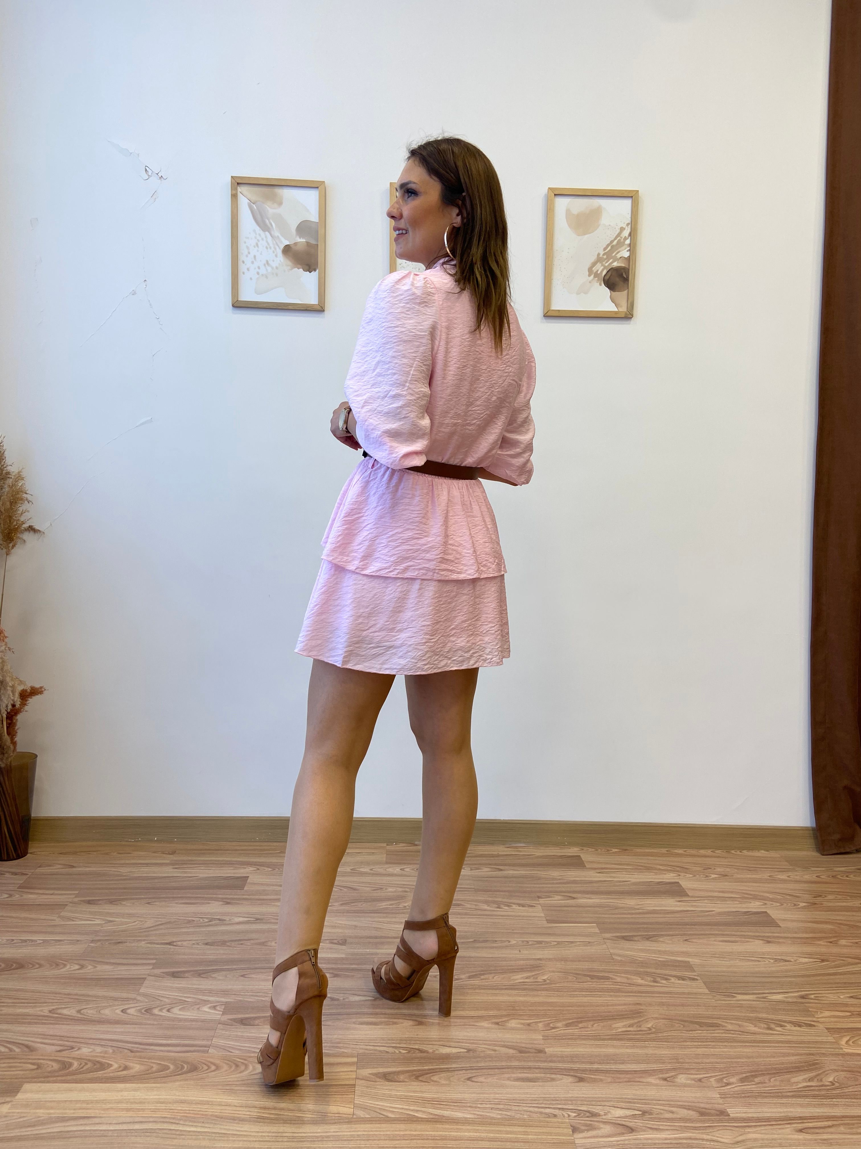 Kemerli Katlı Gömlek Elbise