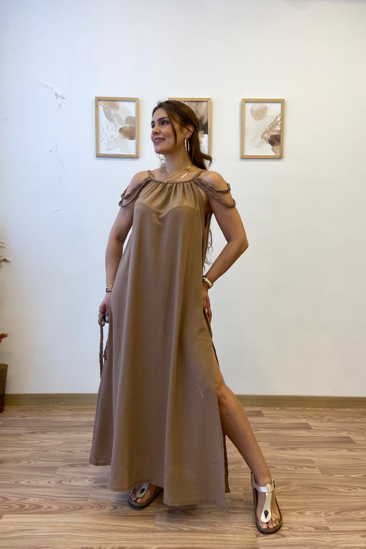 Helen Yırtmaçlı Uzun Keten Elbise