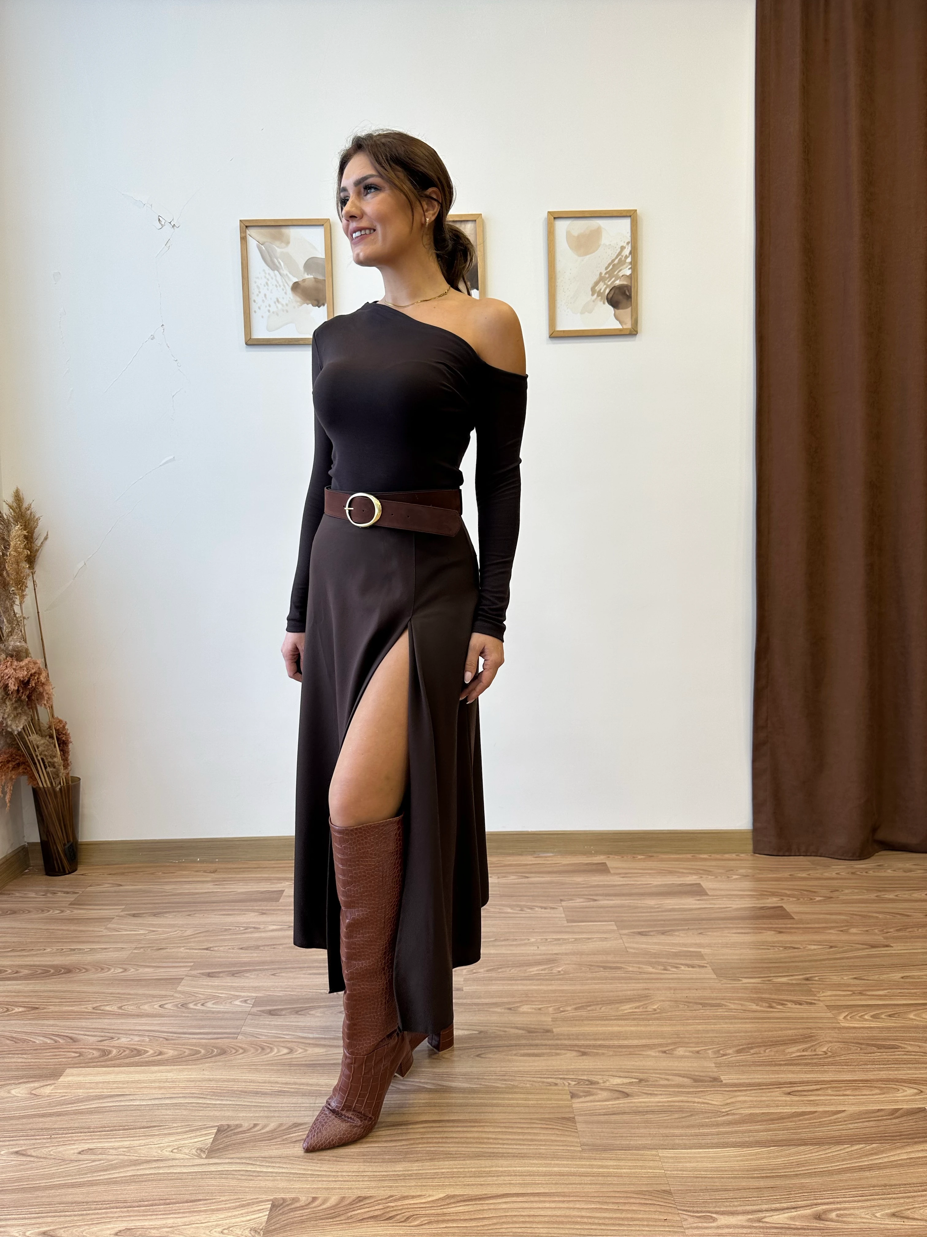 Yırtmaçlı Uzun Etek - kahverengi