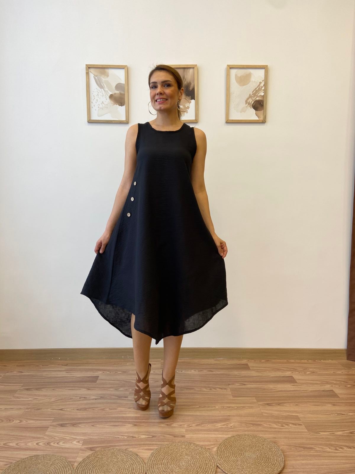 Asimetrik Kesim İthal Keten Midi Elbise