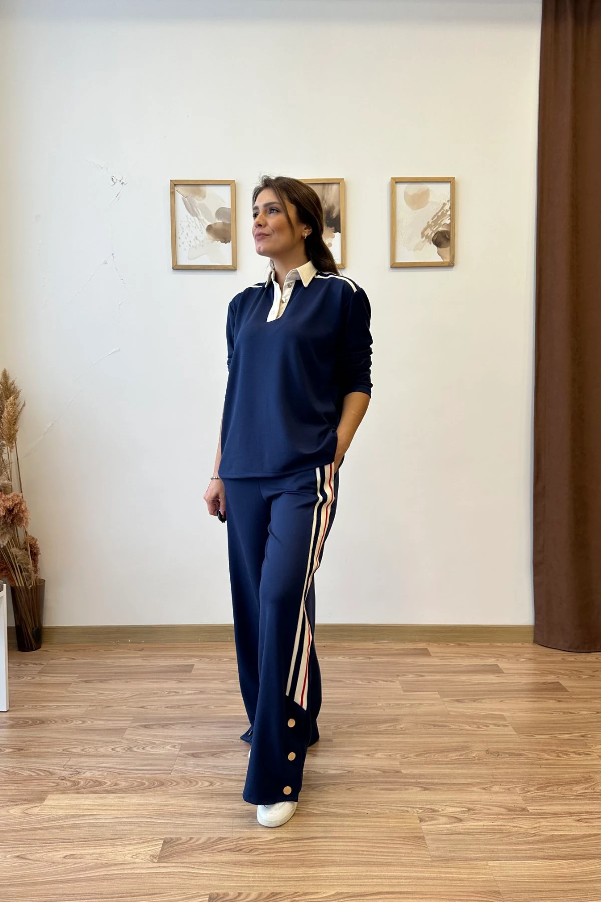 Şeritli Düğmeli İkili Takım - lacivert