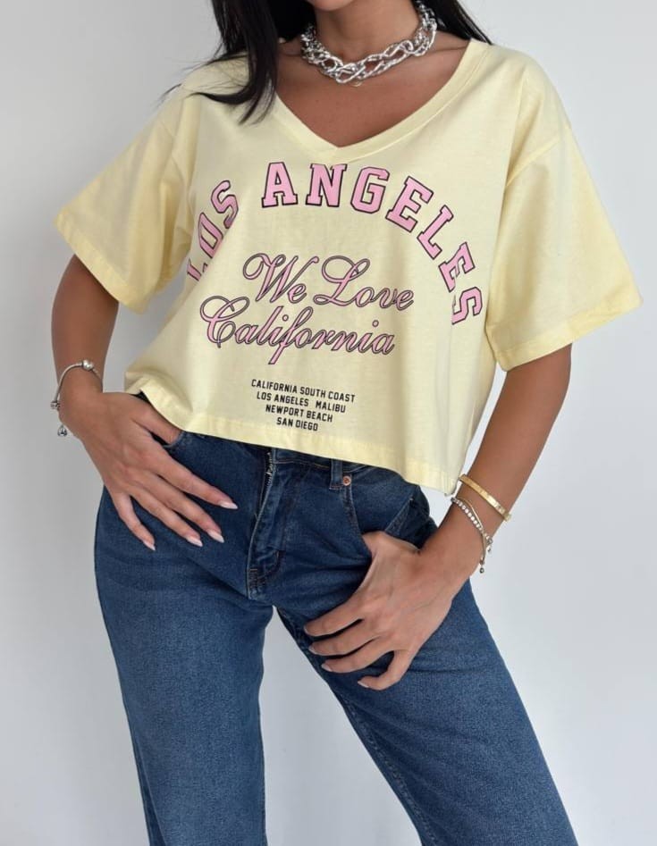 V Yaka Yazı Baskılı Crop Tshirt - sarı