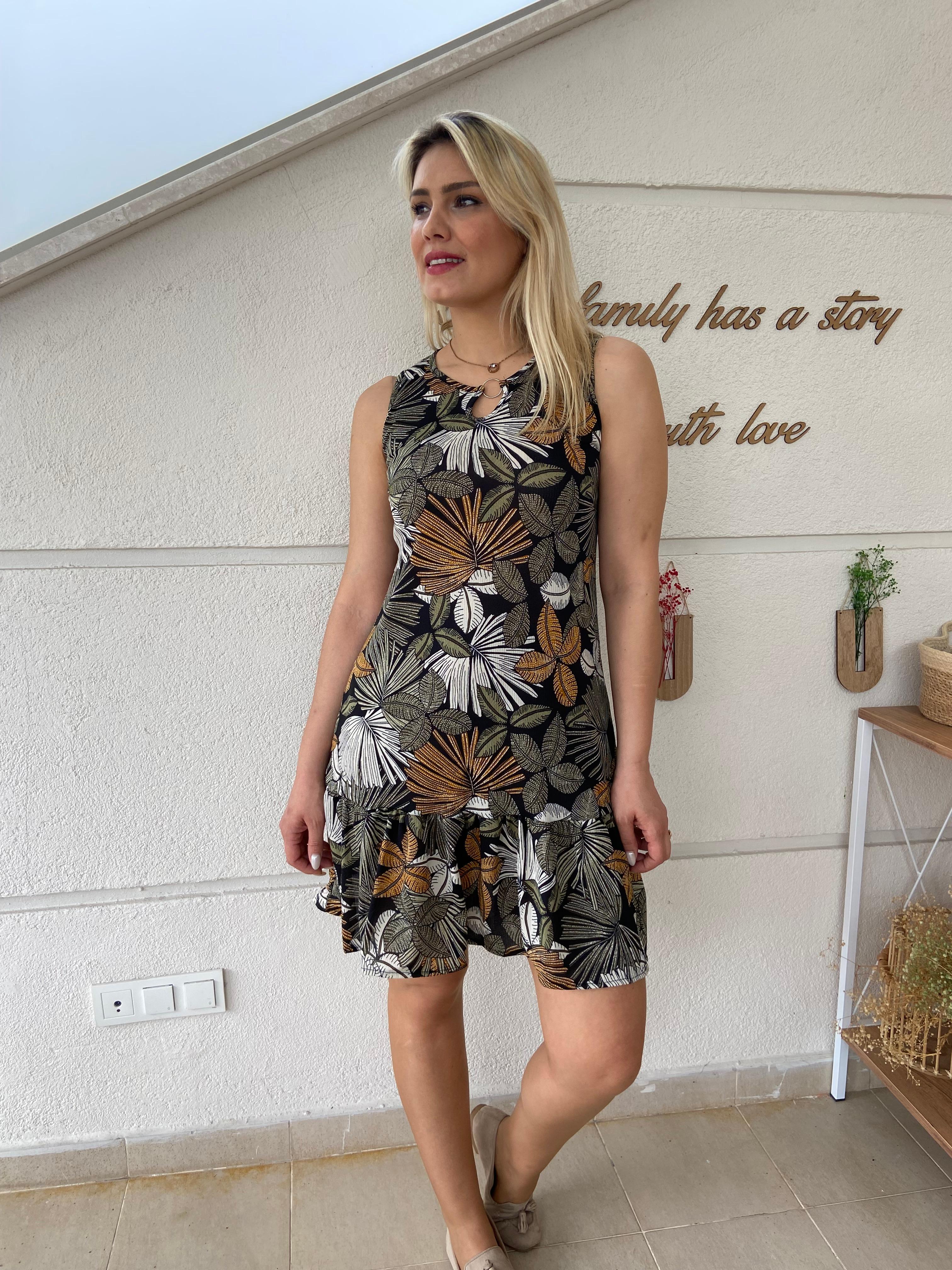 Sıfır Kol Eteği Fırfırlı Mini Desenli Elbise - desenli