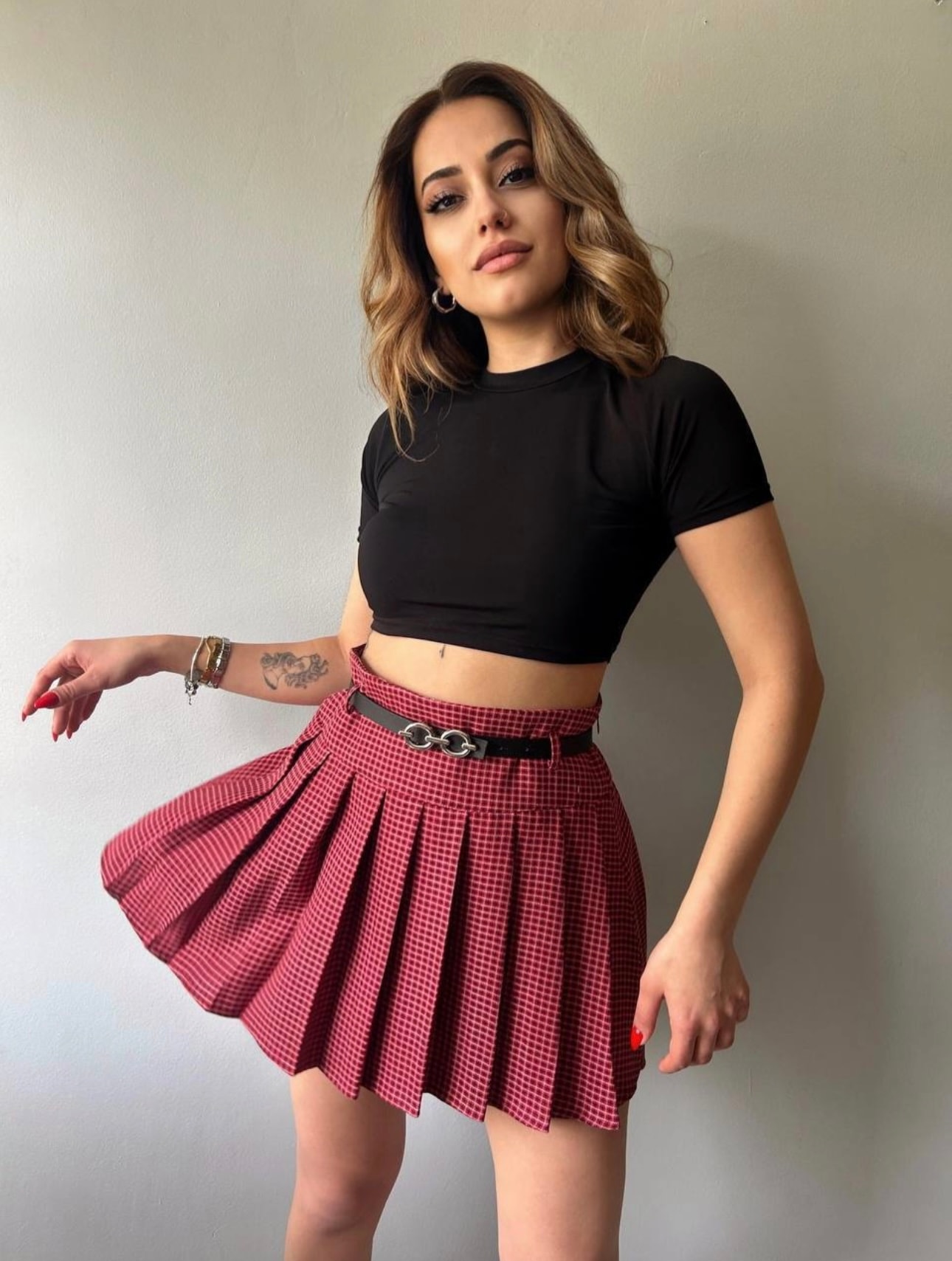 Kareli Pile Ve Kemerli Mini Etek