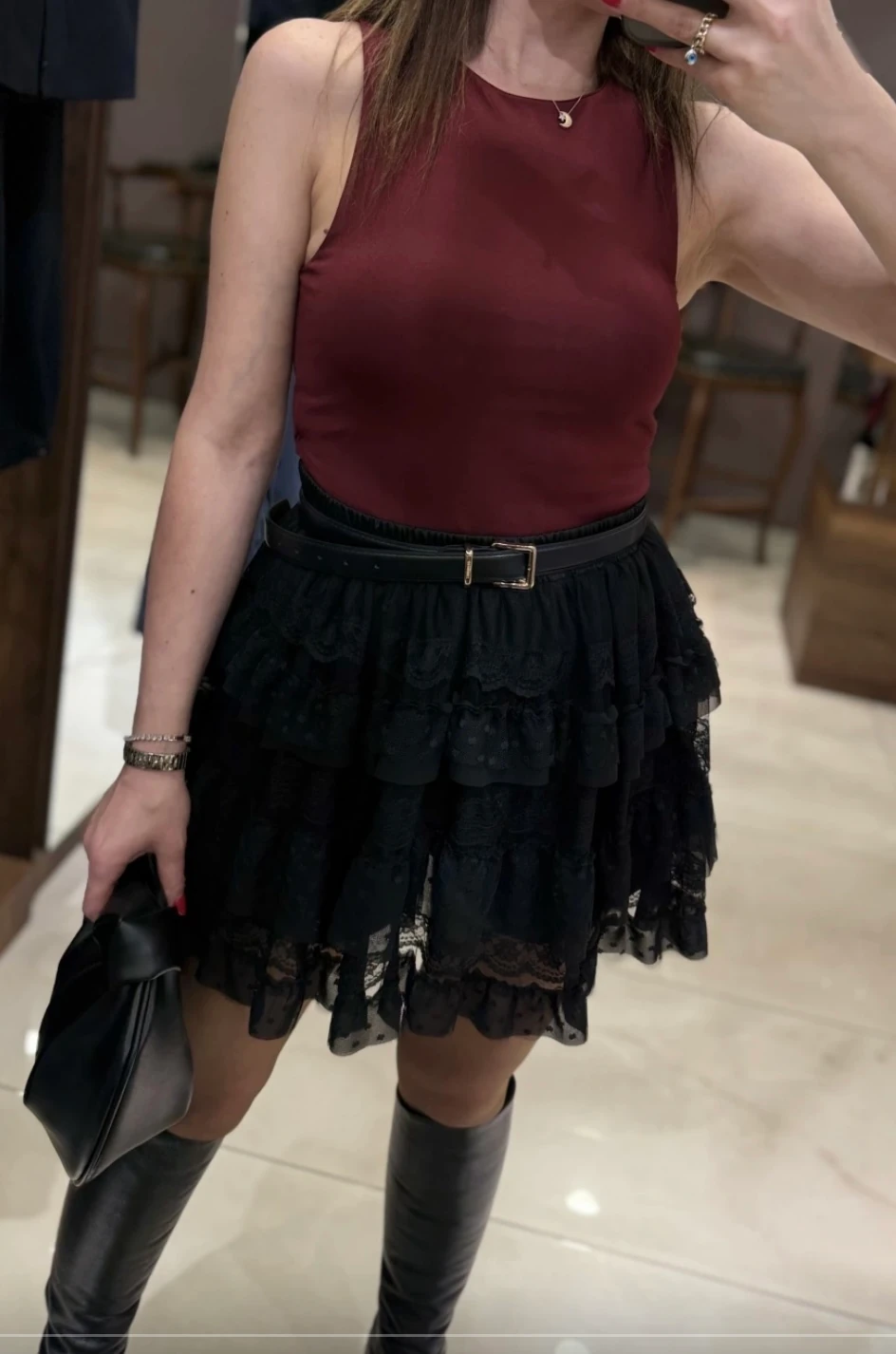 Dantel Katlı Mini Etek - siyah