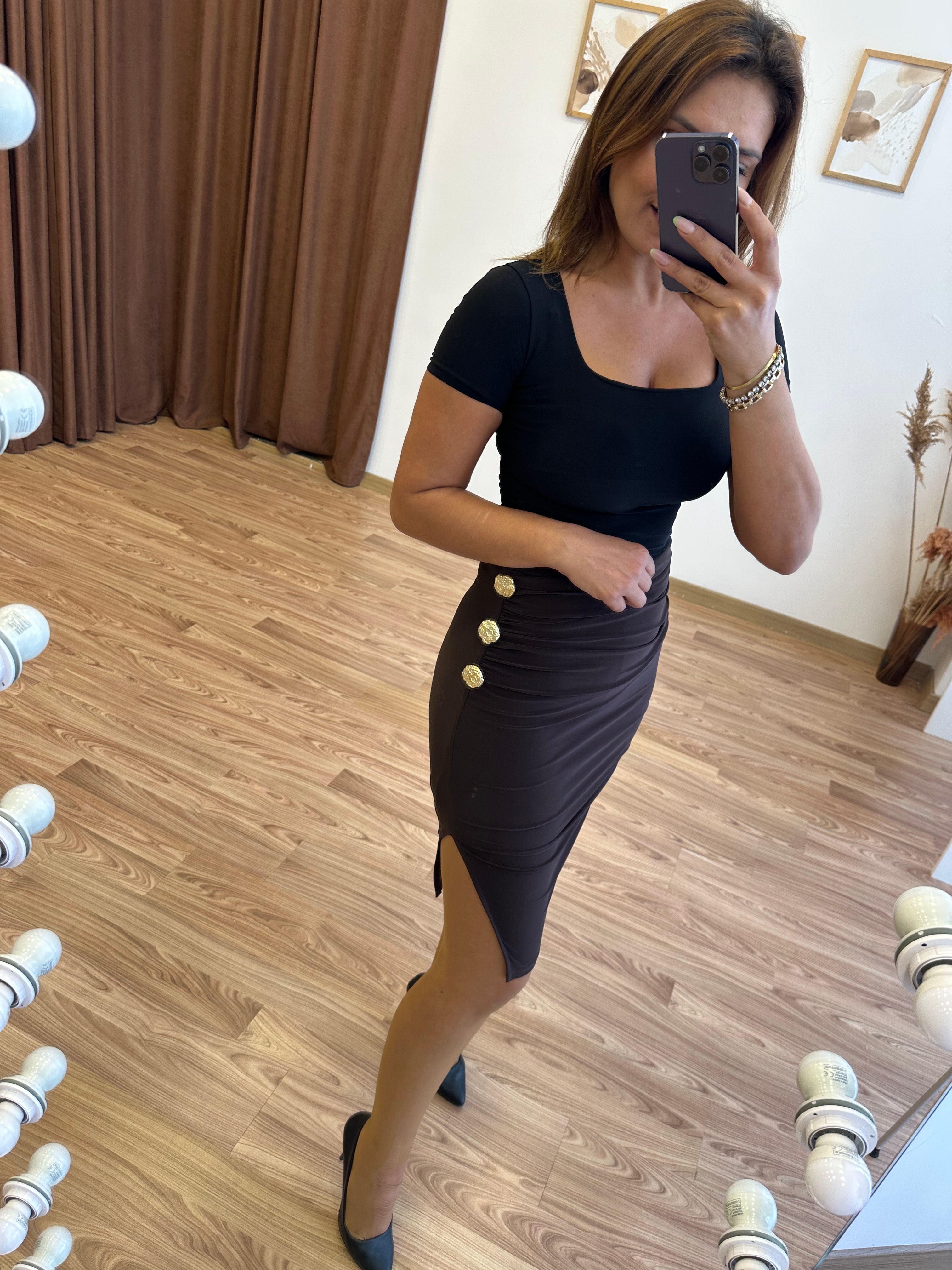 Düğme Aksesuarlı Drapeli Sandy Etek - kahverengi