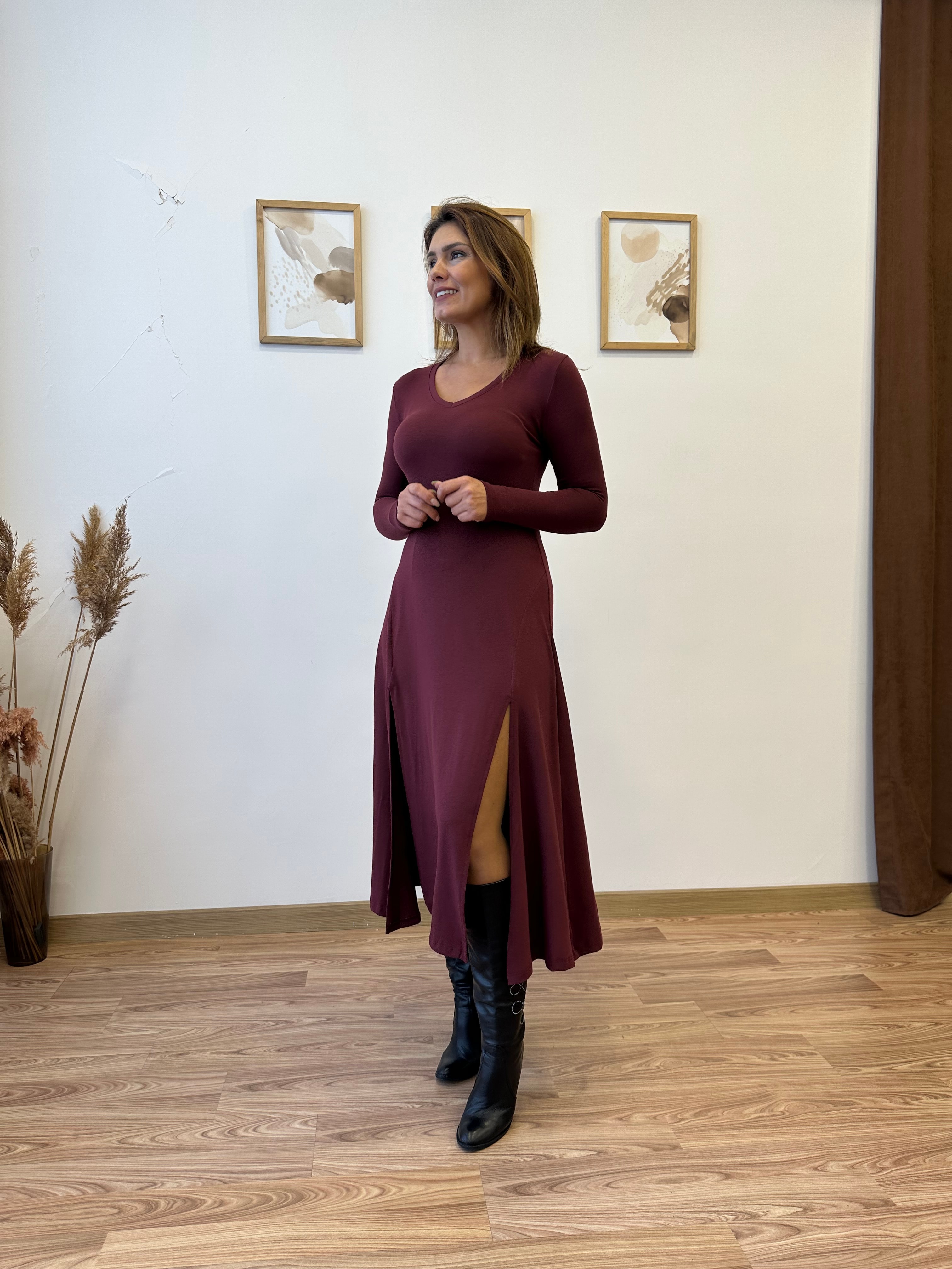 Çift Yırtmaçlı Midi Elbise - bordo