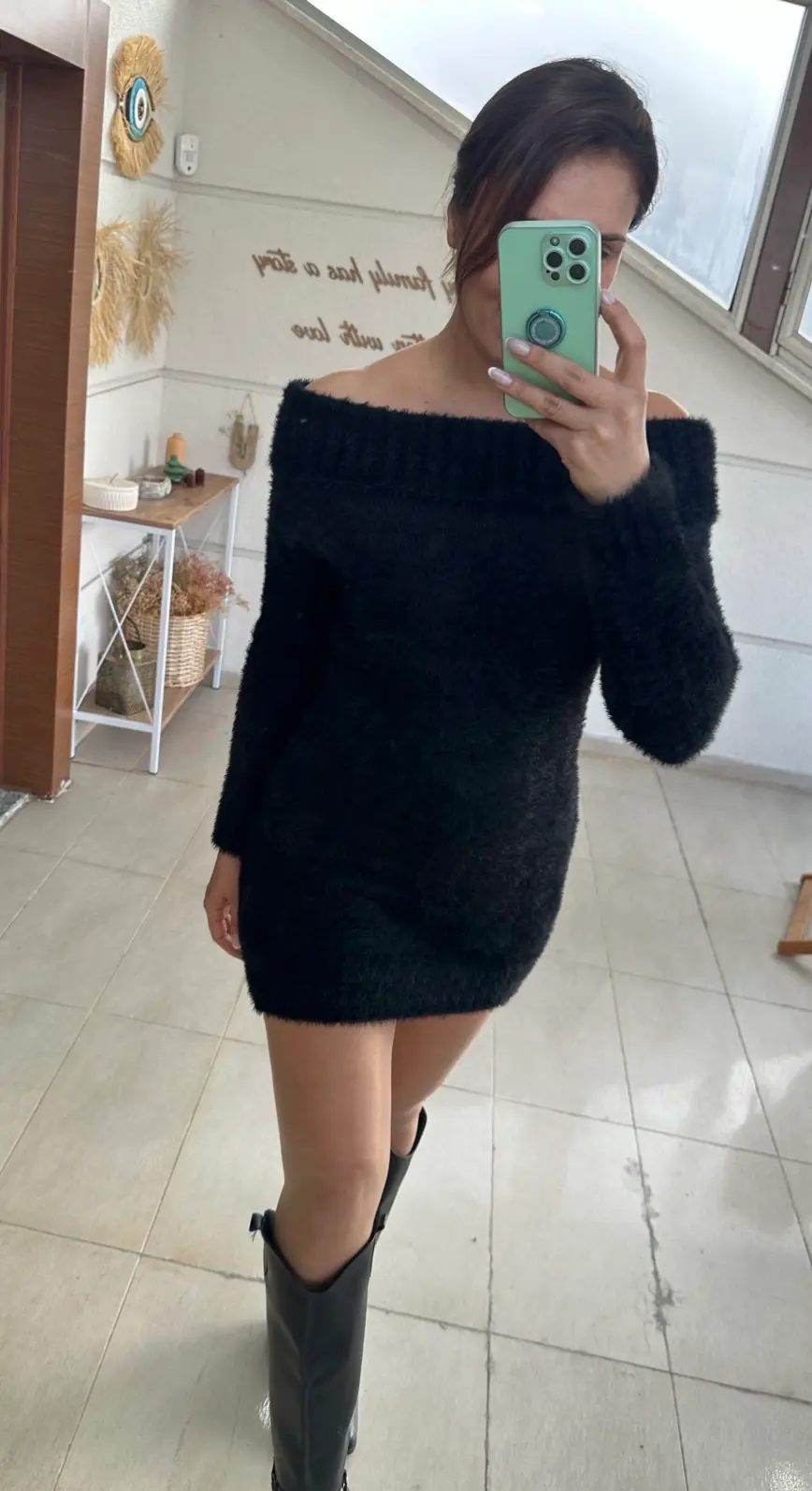 Omuzları Açık Yumoş Triko Elbise - Siyah&nbsp;