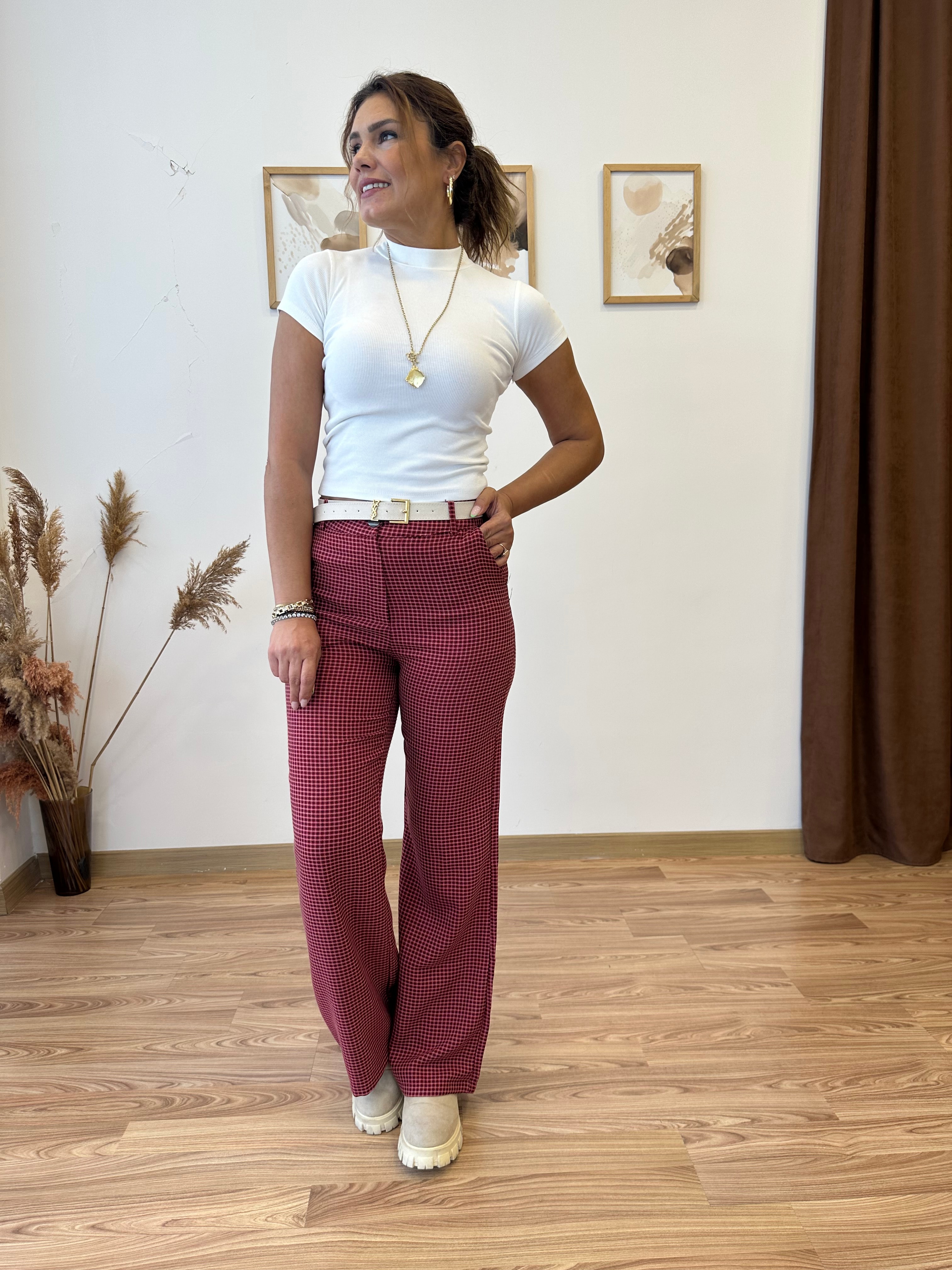 Kareli Kumaş Pantolon - bordo