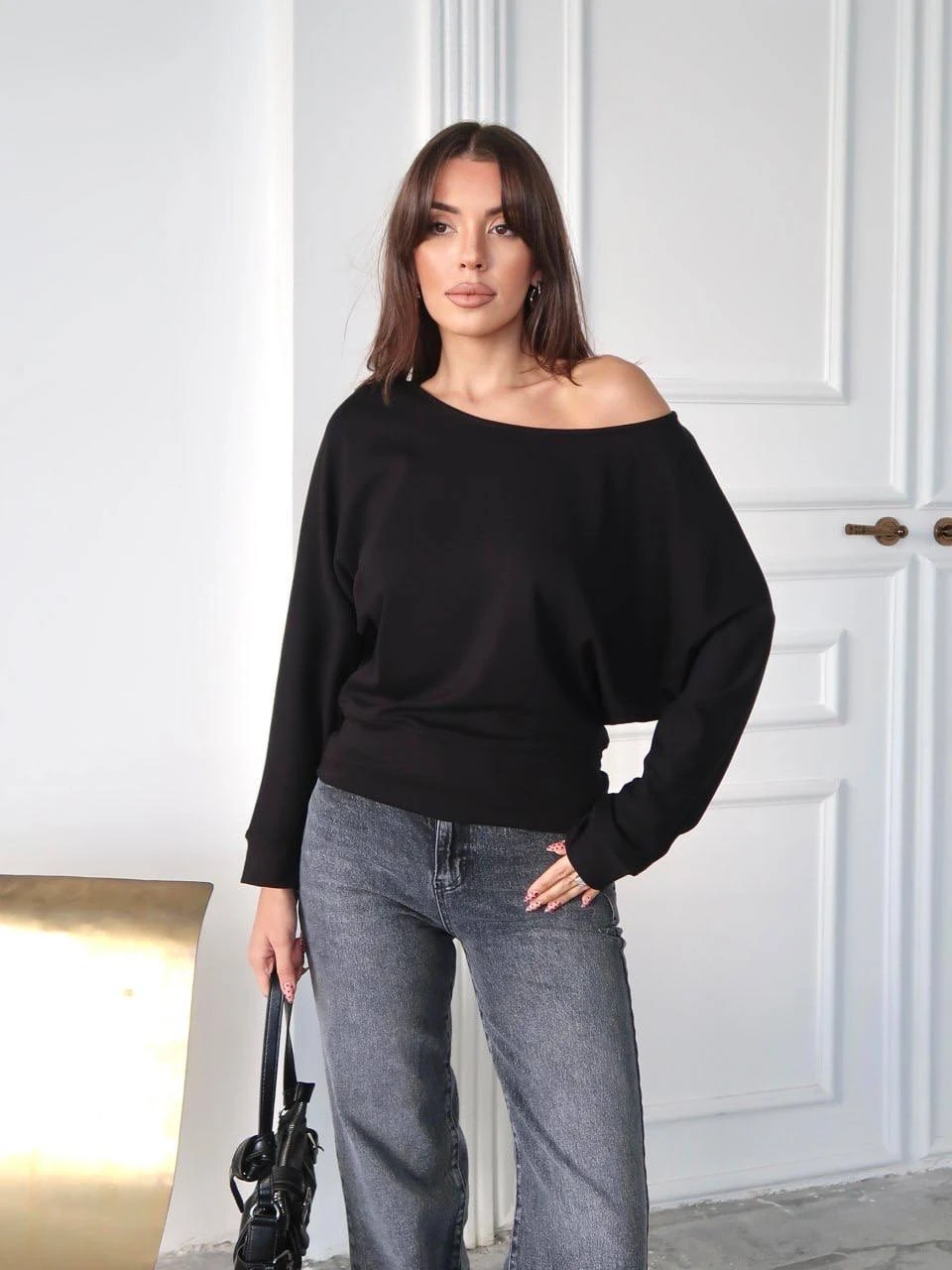 Modal Kayık Yaka Sweatshirt - siyah