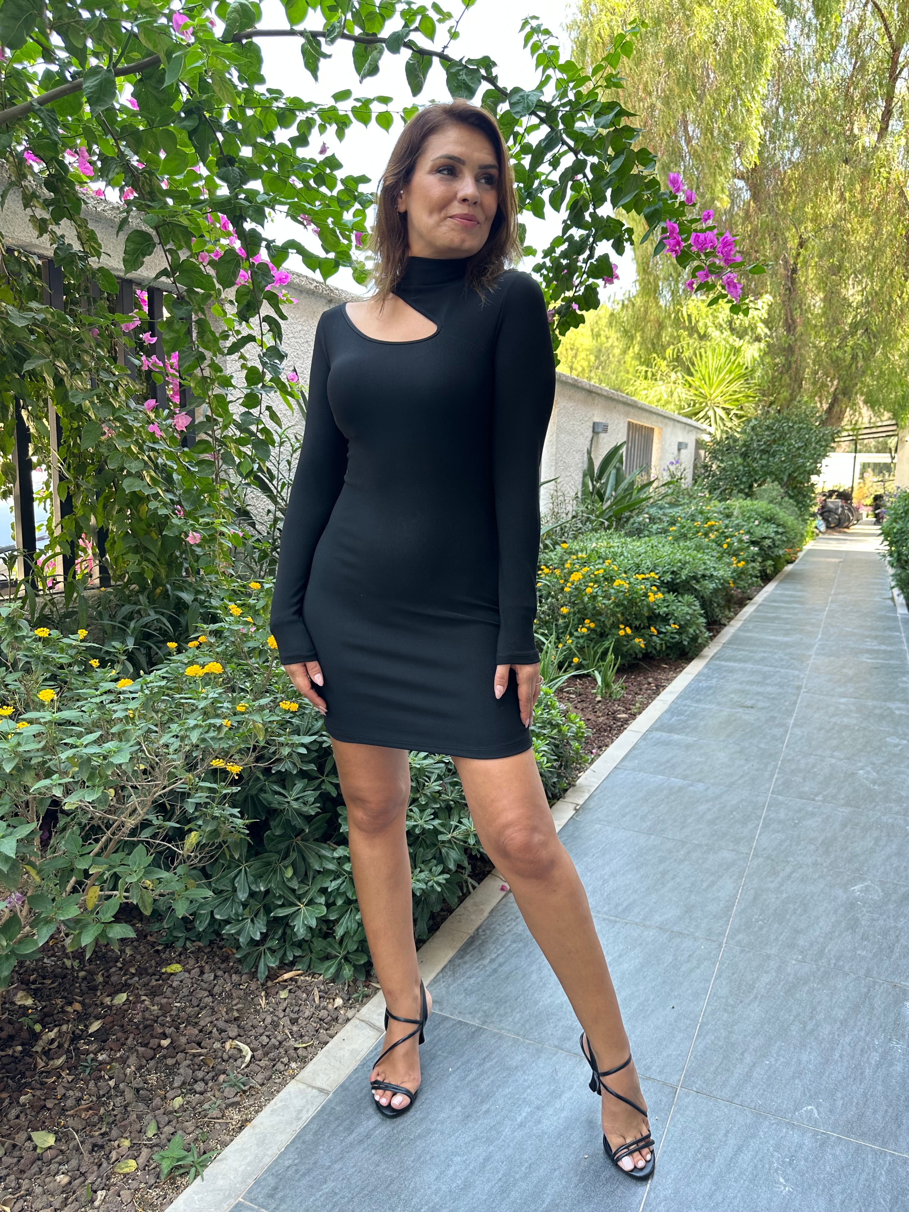 Pencere Detaylı Boğazlı Mini Elbise