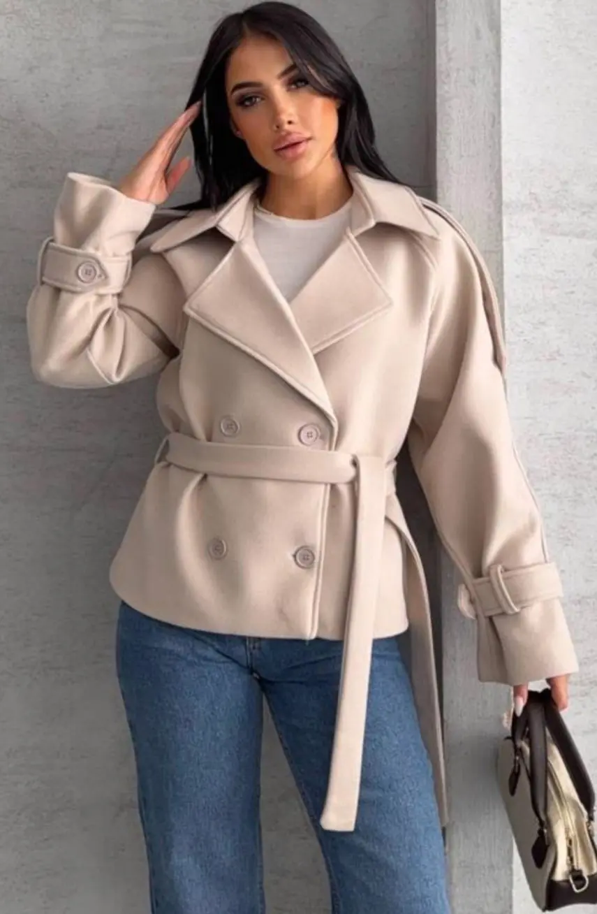 Kuşaklı Kısa Kaşe Kaban Krem- Aychayla