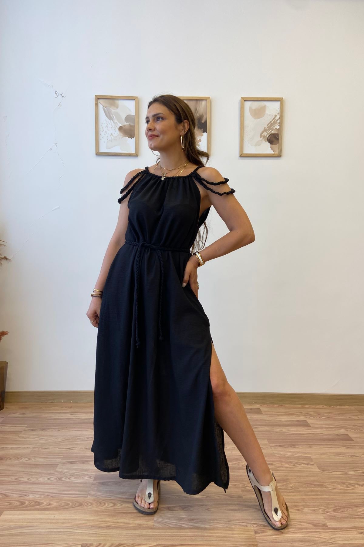 Helen Yırtmaçlı Uzun Keten Elbise - siyah
