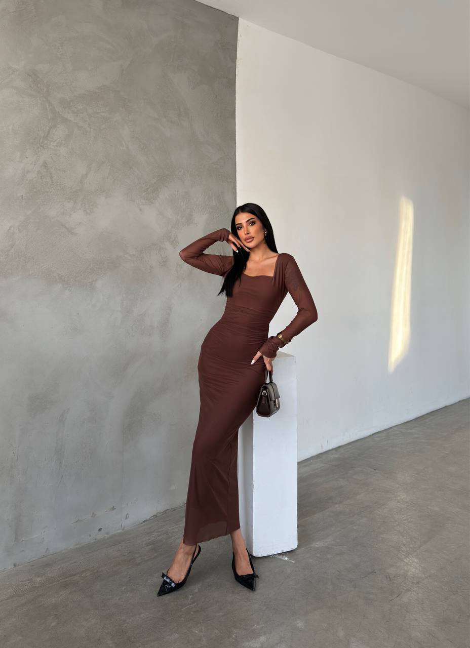 Tül Detaylı Drapeli Midi Elbise