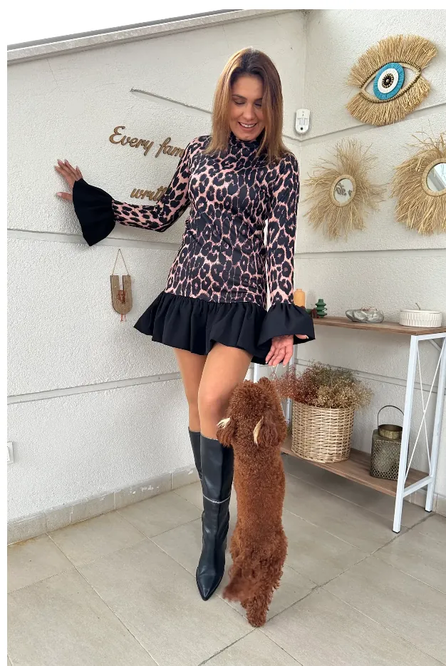 Leopar Desenli Fırfır Etekli Mini Elbise |Aychayla
