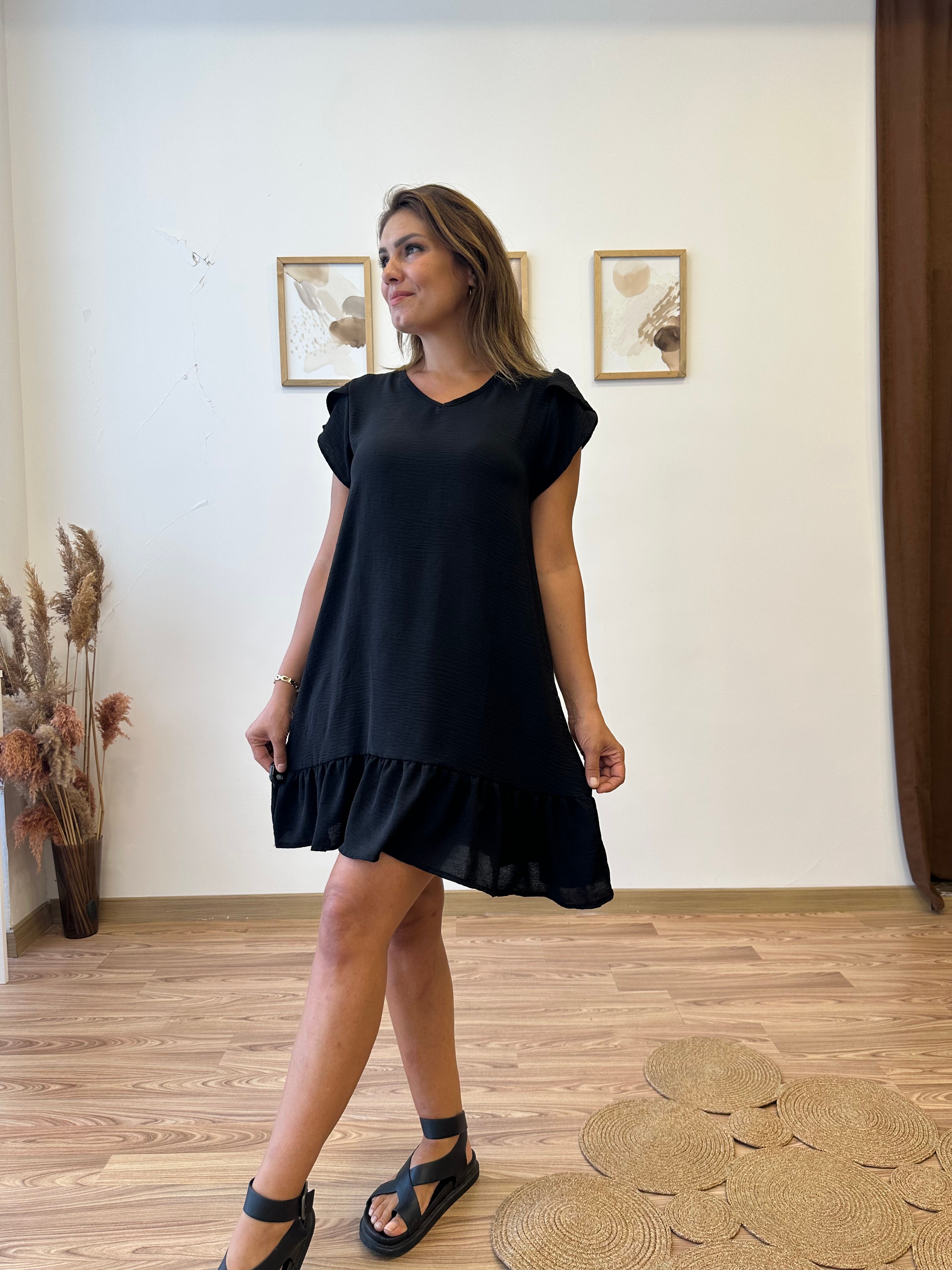 Fırfırlı Kısa Kol Mini Ayrobin Elbise - siyah