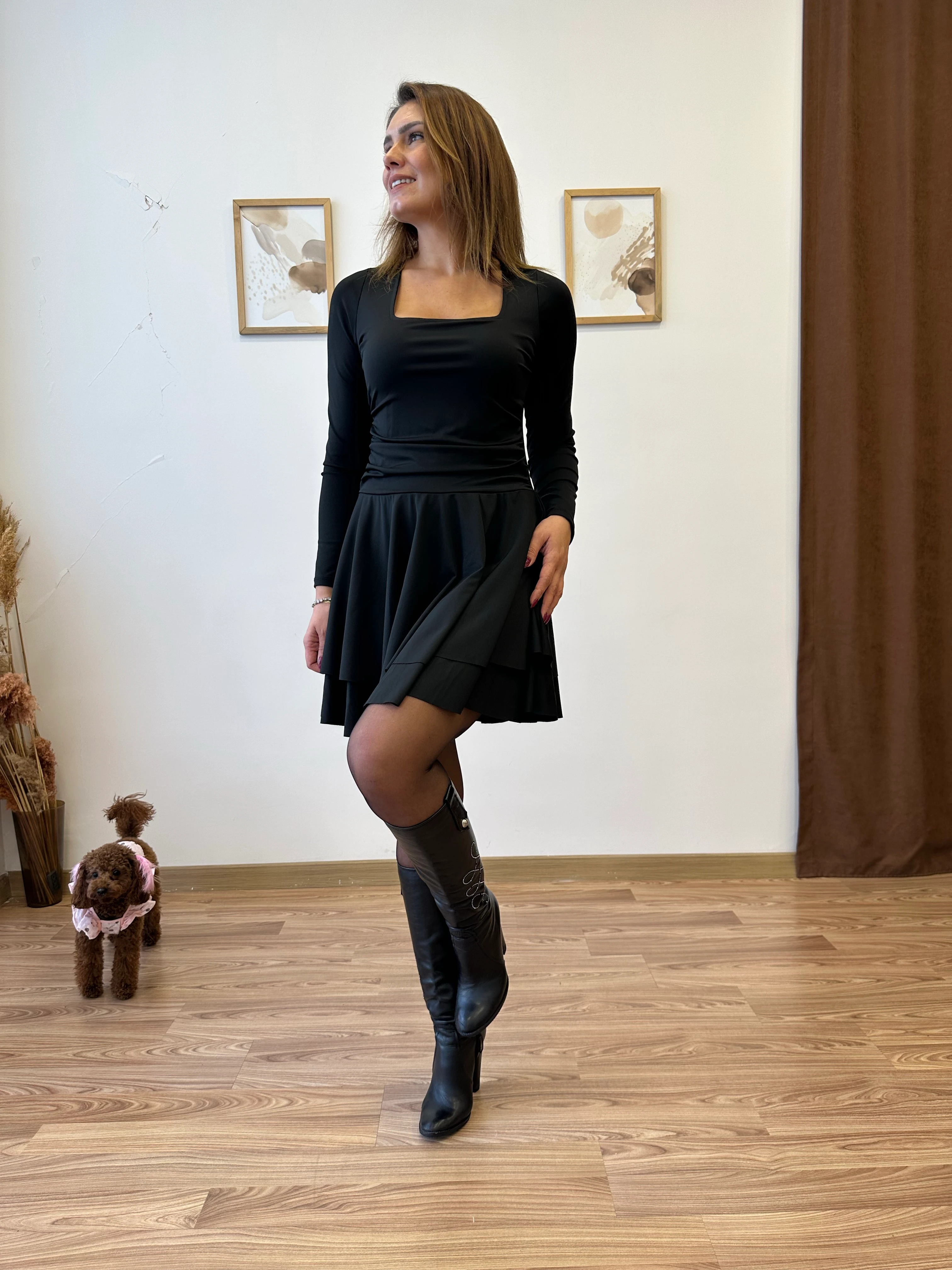 Kare Yaka Drapeli Mini Elbise