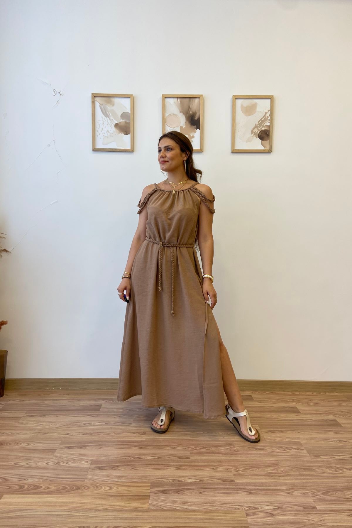 Helen Yırtmaçlı Uzun Keten Elbise