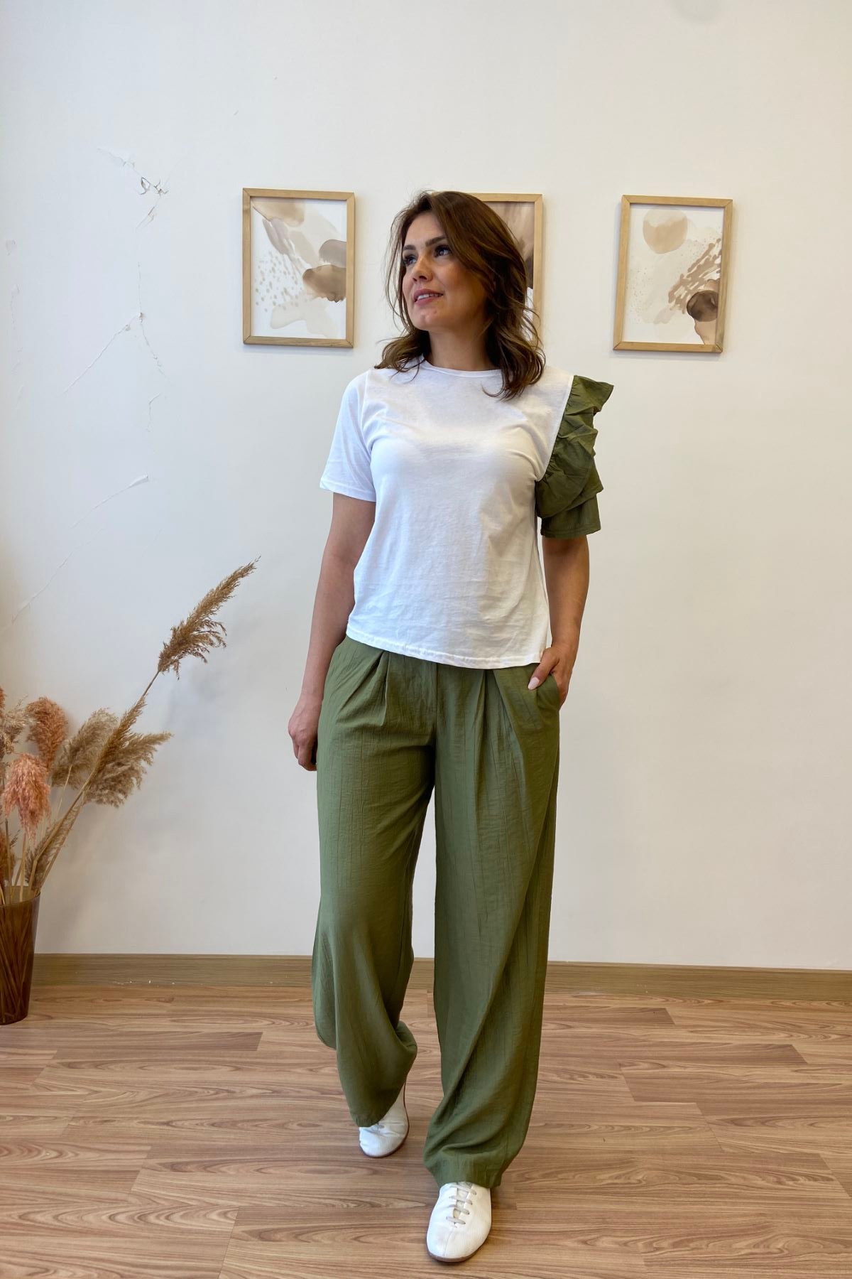 Fırfır Detaylı Tshirt Pantolon İkili Takım - haki