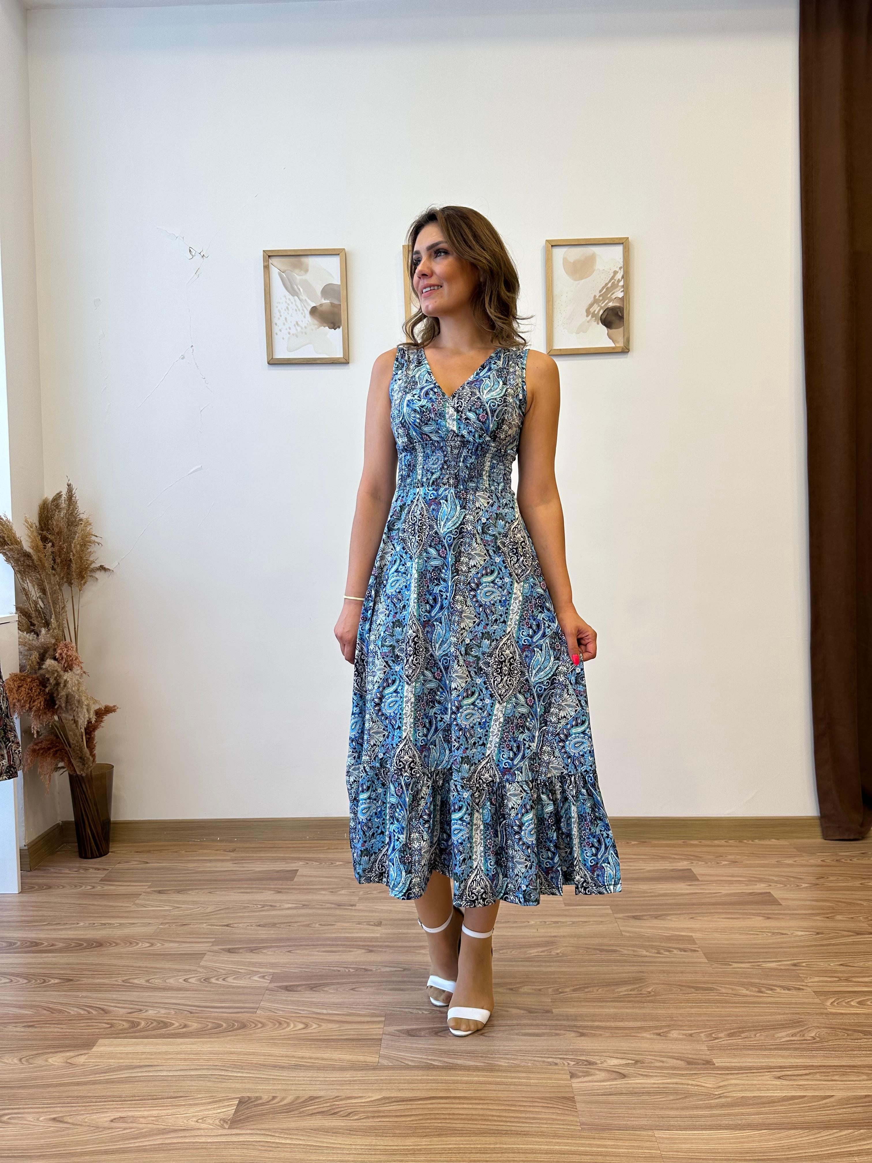 Beli Gipeli Etnik Desen Sıfır Kol Elbise - mavi desenli