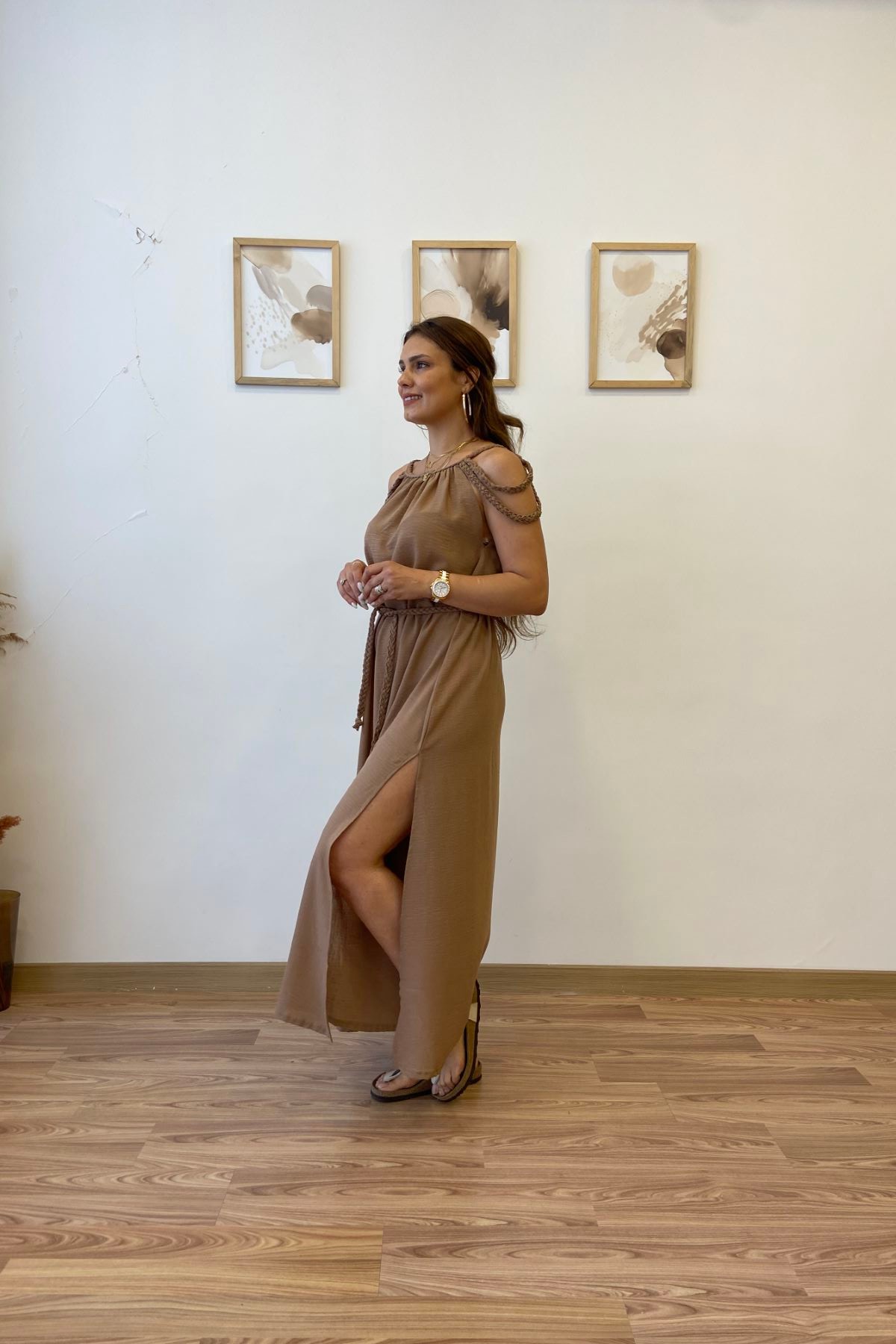 Helen Yırtmaçlı Uzun Keten Elbise