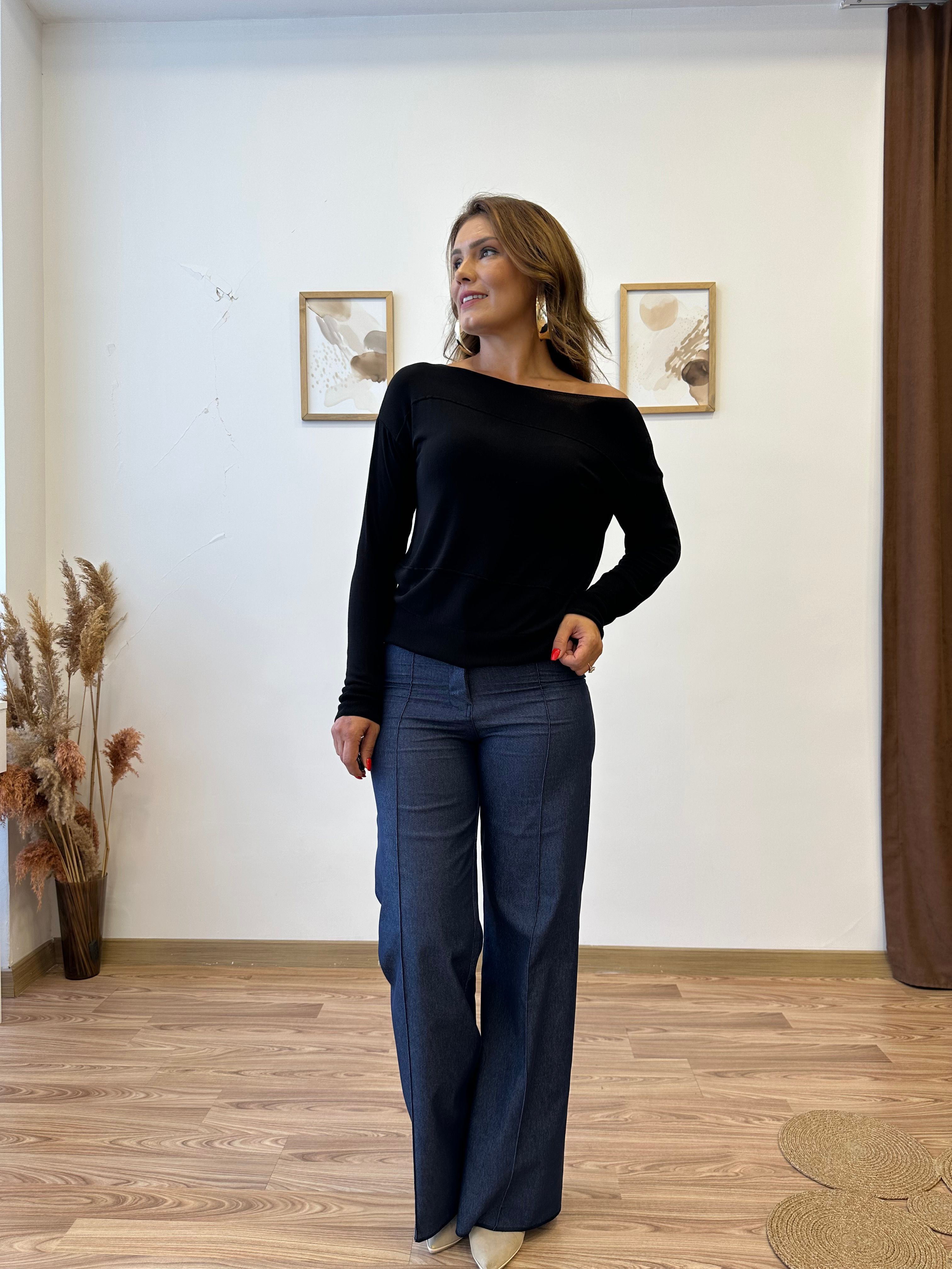 Düşük Omuz İnce Triko Bluz - siyah