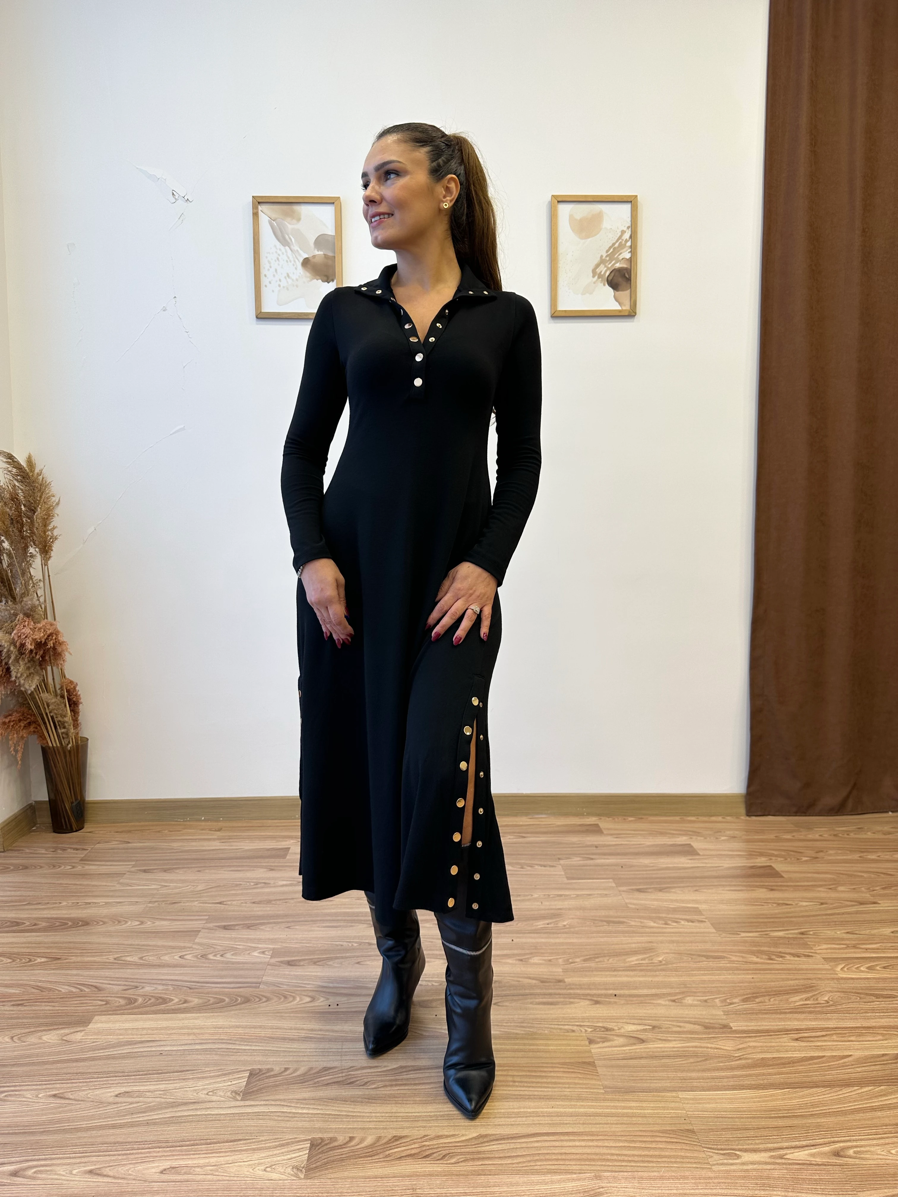 Çıtçıt Detaylı Uzun Triko Elbise