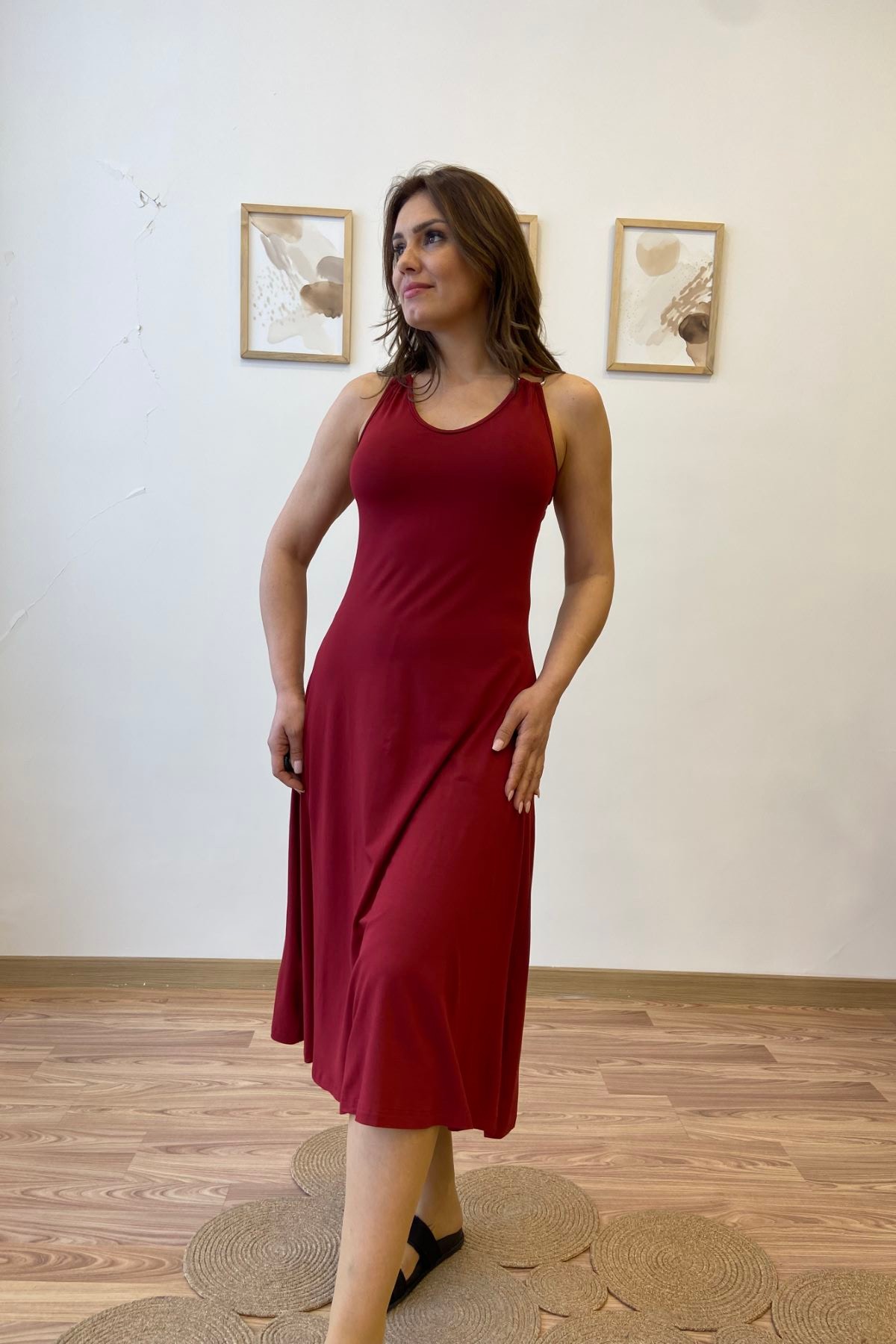 Askısı Halkalı Maksi Viscon Elbise - bordo
