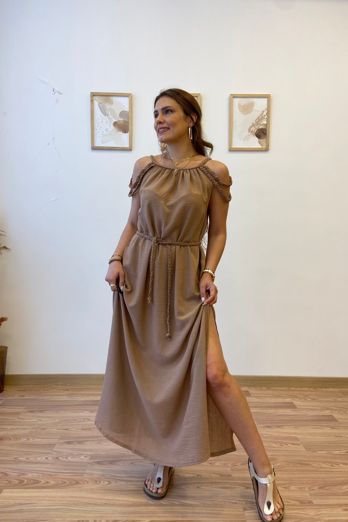 Helen Yırtmaçlı Uzun Keten Elbise