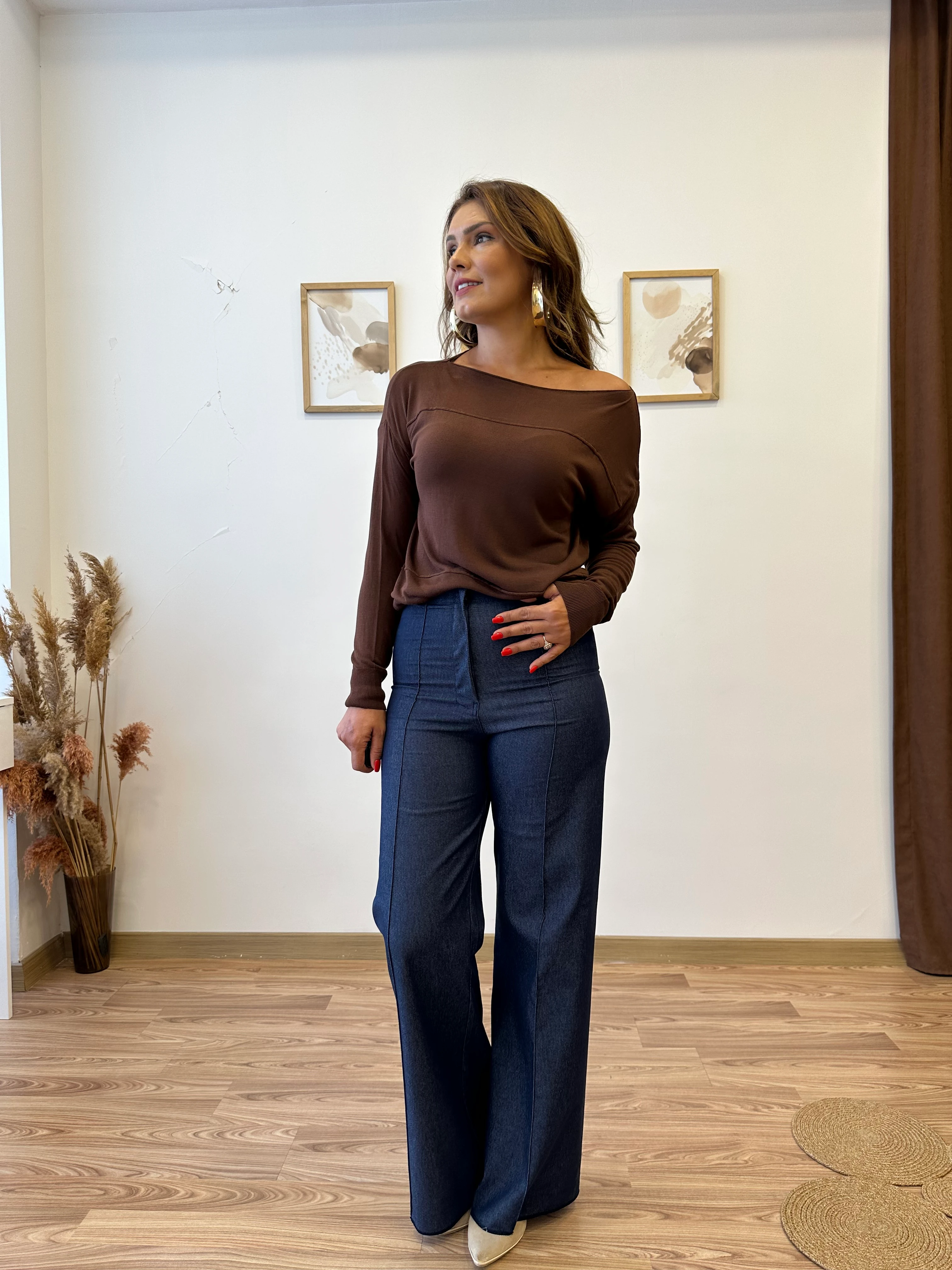 Düşük Omuz İnce Triko Bluz