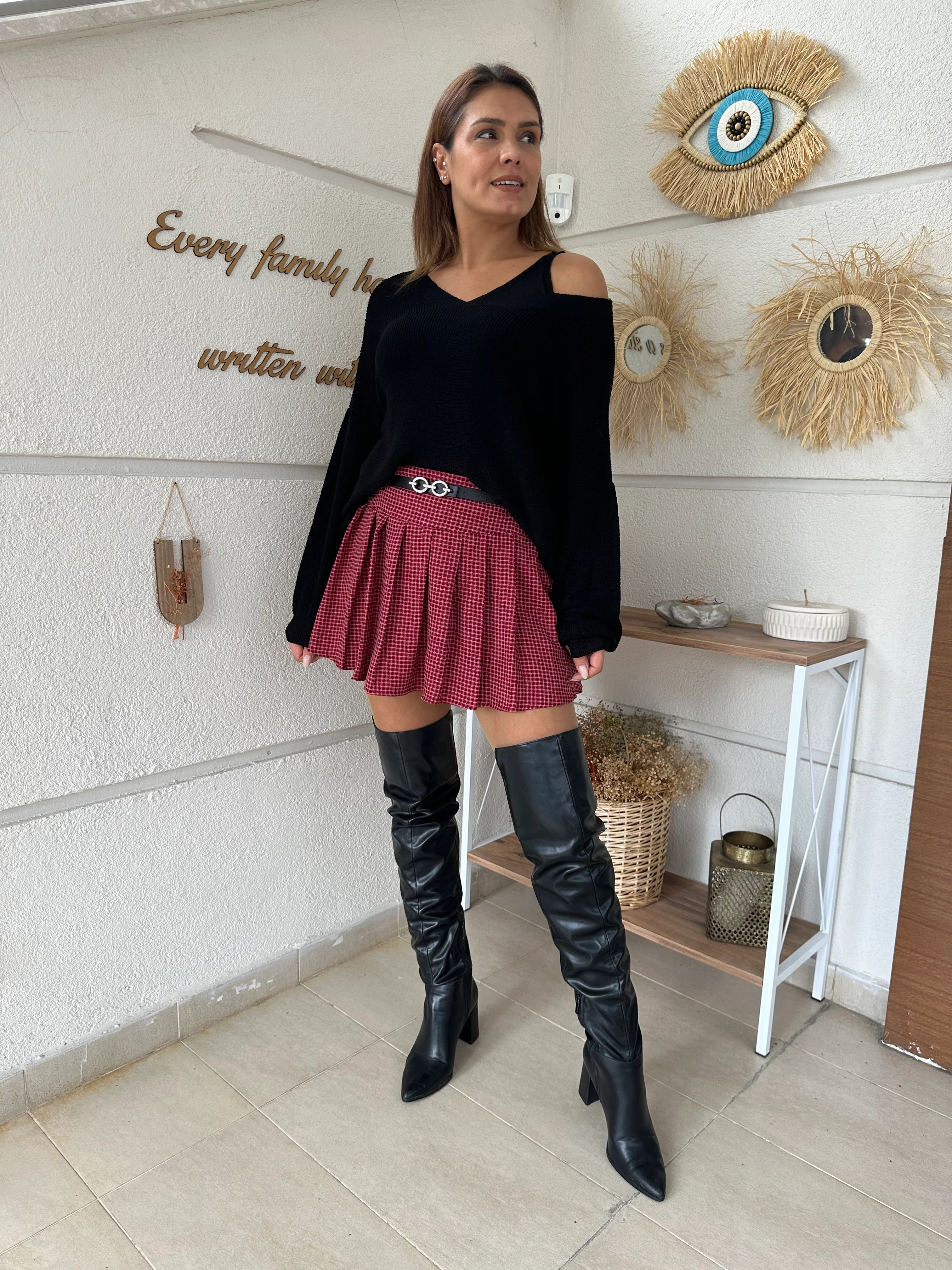 Kareli Pile Ve Kemerli Mini Etek